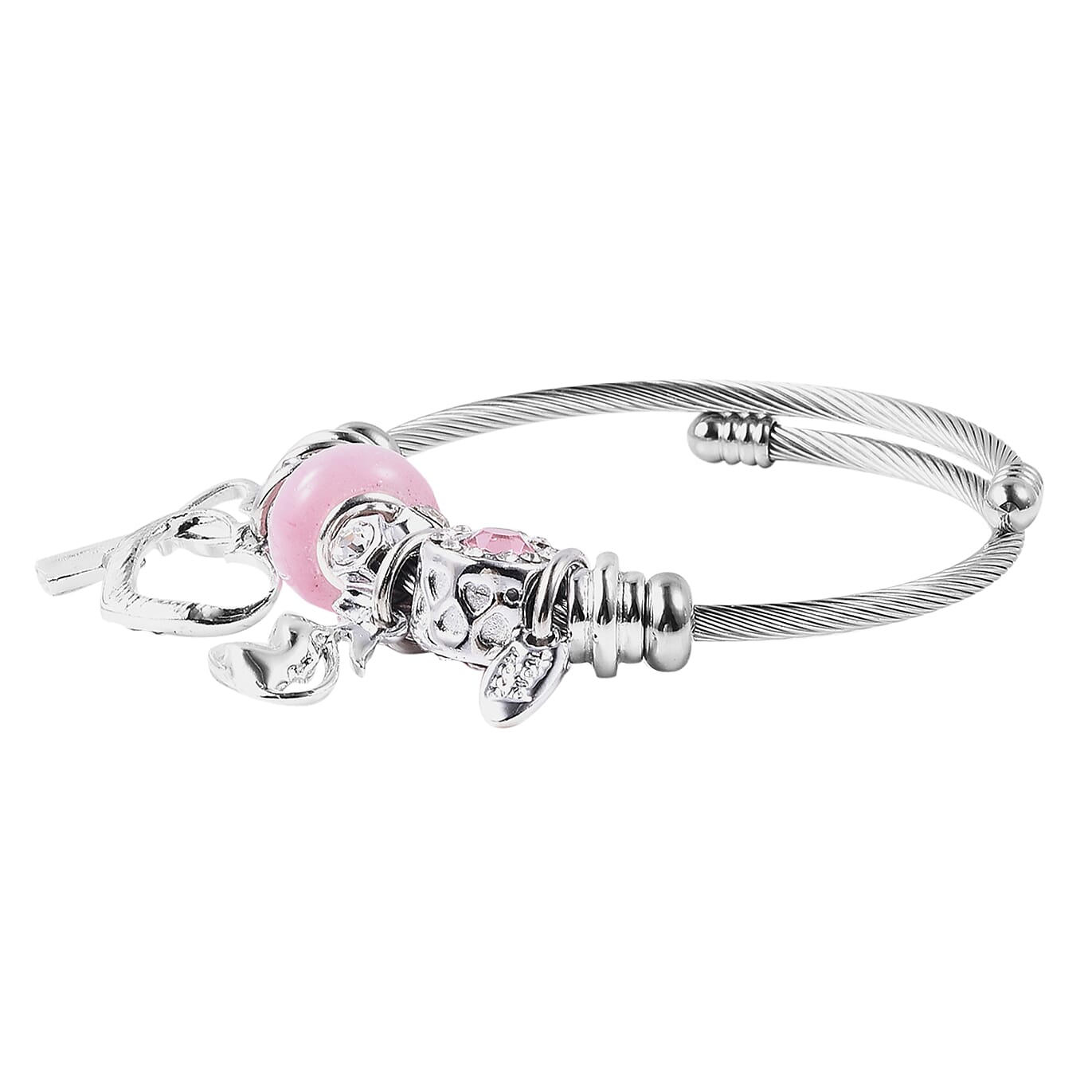 Simulated Pink Cats Eye, Multi Colour Austrian Crystal and Simulated Pink Sapphire Adjustable Charm Bracelet (Size 6-7) in Silver Tone