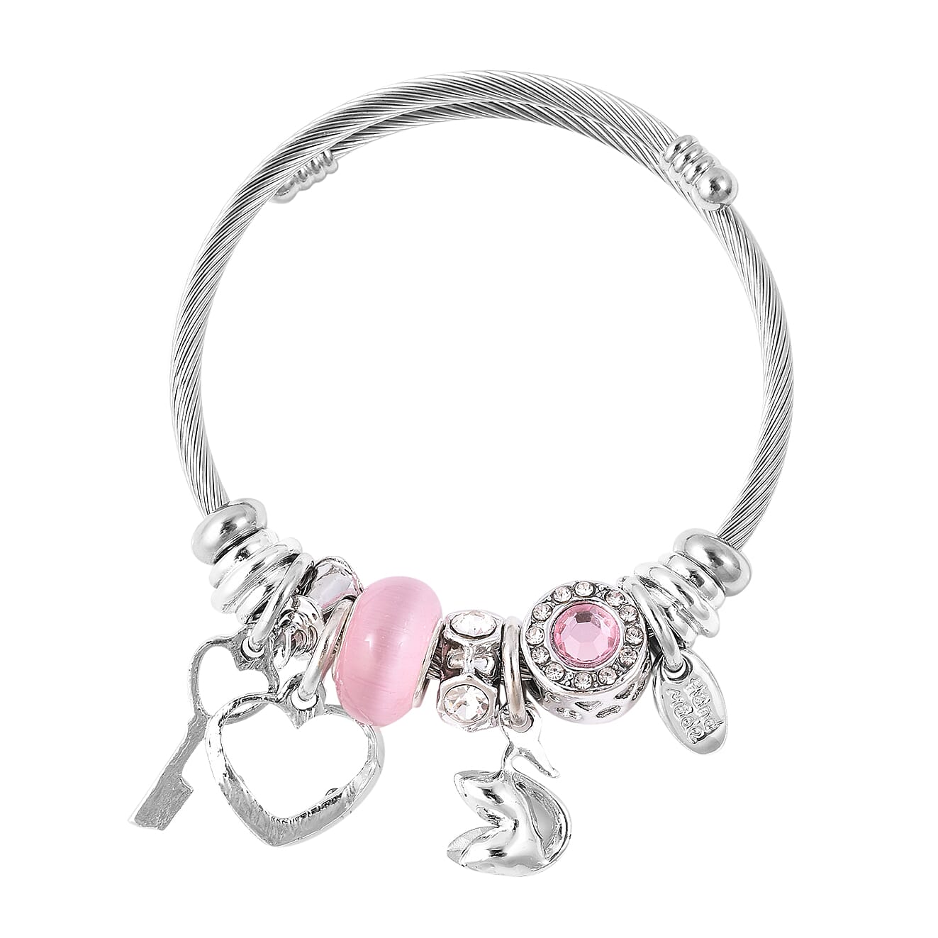 Simulated Pink Cats Eye, Multi Colour Austrian Crystal and Simulated Pink Sapphire Adjustable Charm Bracelet (Size 6-7) in Silver Tone