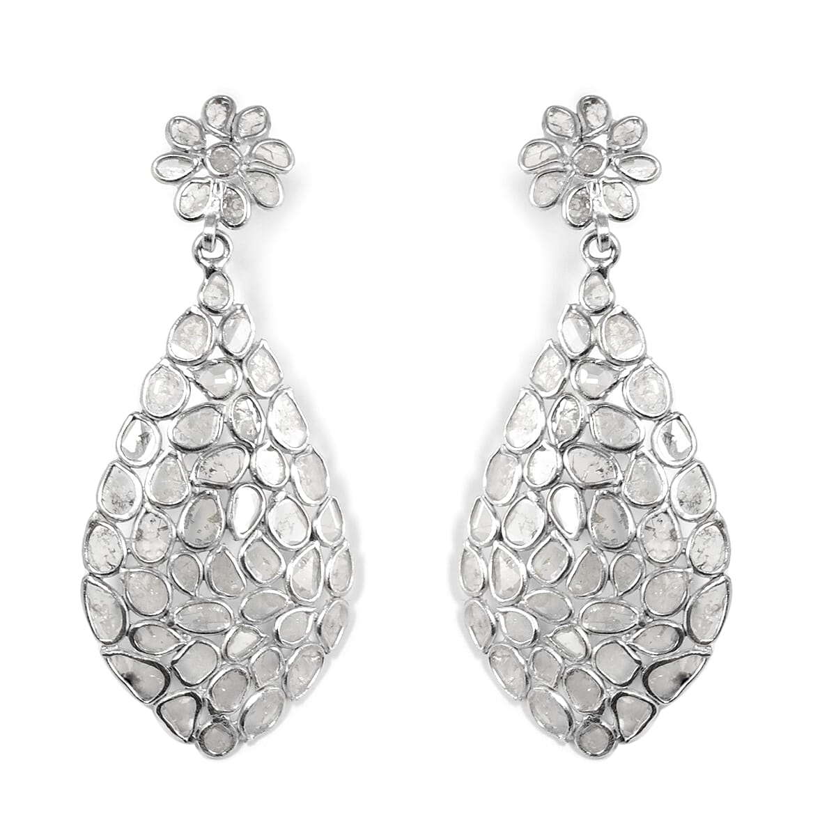 Artisan Crafted Polki Diamond Earrings (with Push Back) in Platinum Overlay Sterling Silver 3.25 Ct, Silver wt 5.35 Gms