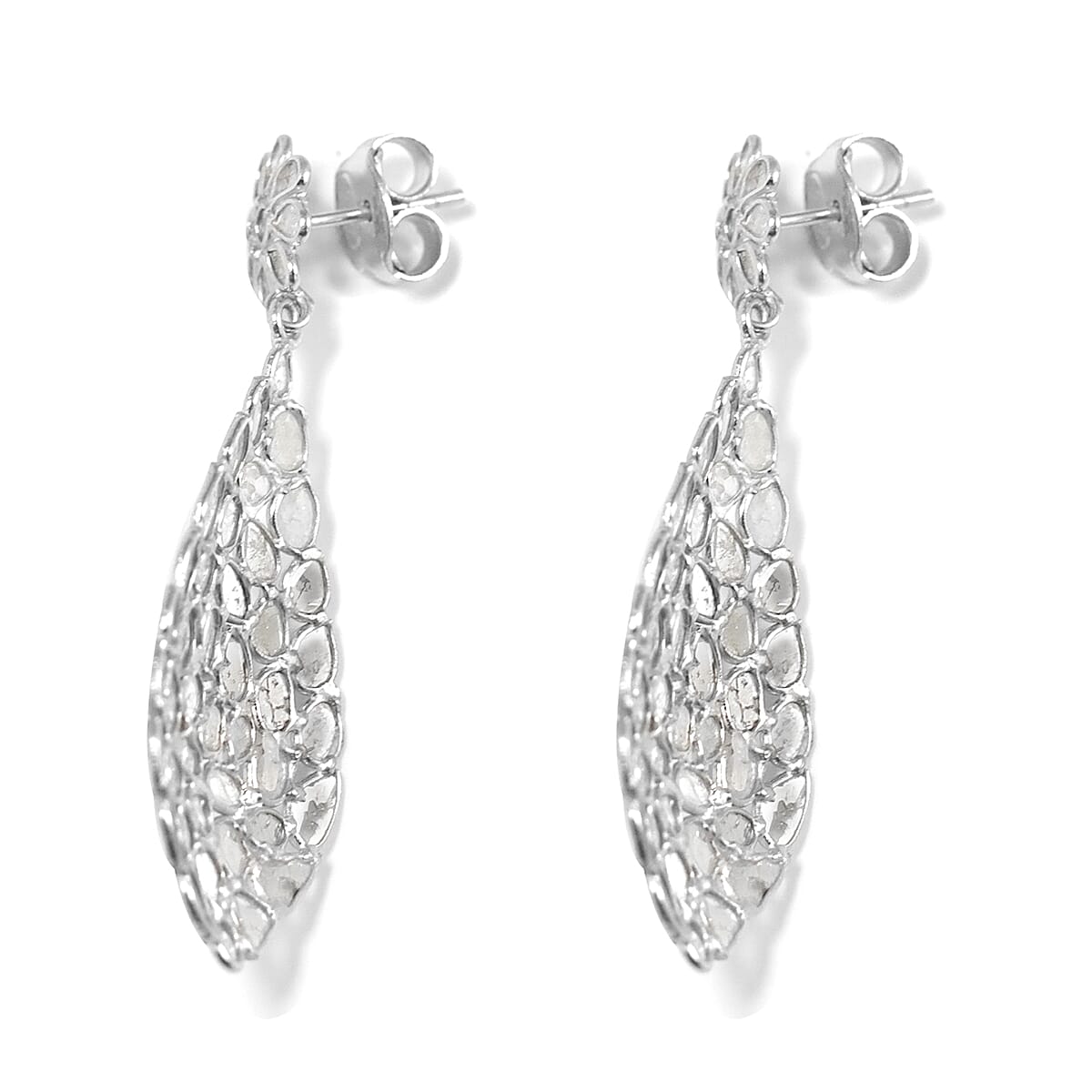 Artisan Crafted Polki Diamond Earrings (with Push Back) in Platinum Overlay Sterling Silver 3.25 Ct, Silver wt 5.35 Gms