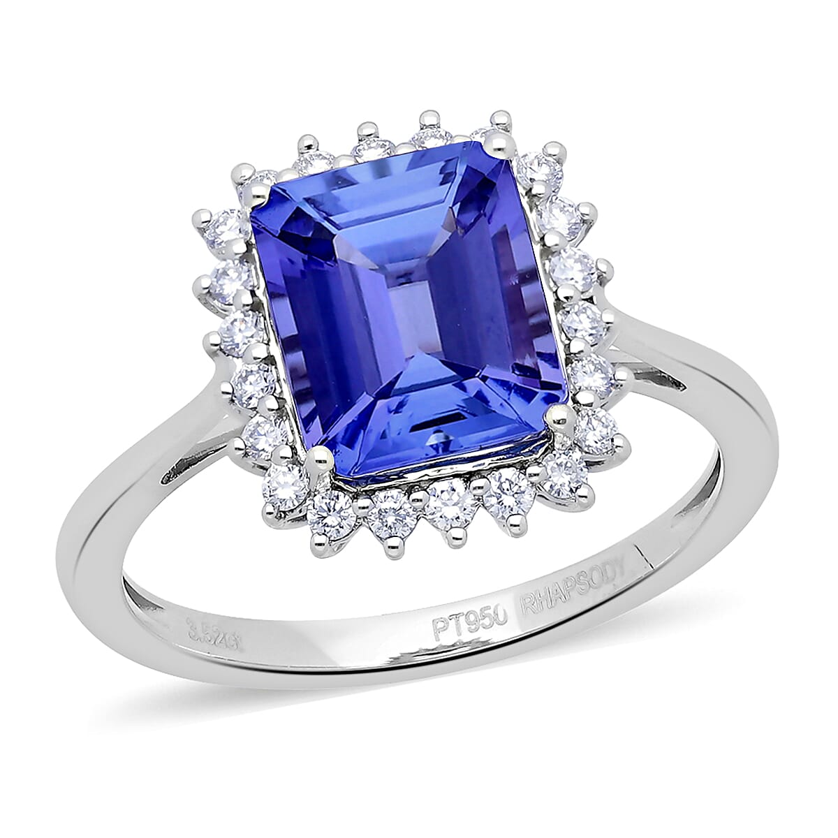 RHAPSODY 950 Platinum AAAA Tanzanite (Oct 10x8mm), Diamond (VS-E-F) Ring 3.77 Ct, Platinum wt 4.80 Gms