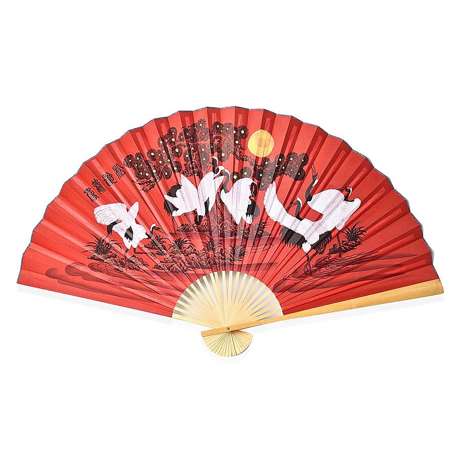 Red Crowned Crane Pattern Folding Fan (Size 160x90 Cm)