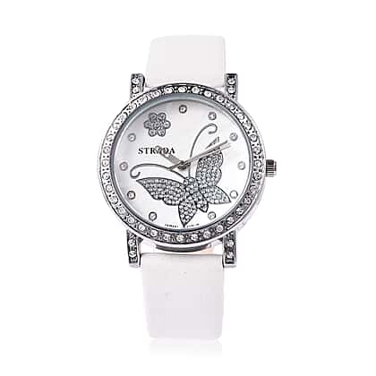 STRADA Japanese Movement Simulated Diamond Studded Butterfly Motif Dial  Water Resistant Watch in Stainless Steel with White Colour Strap