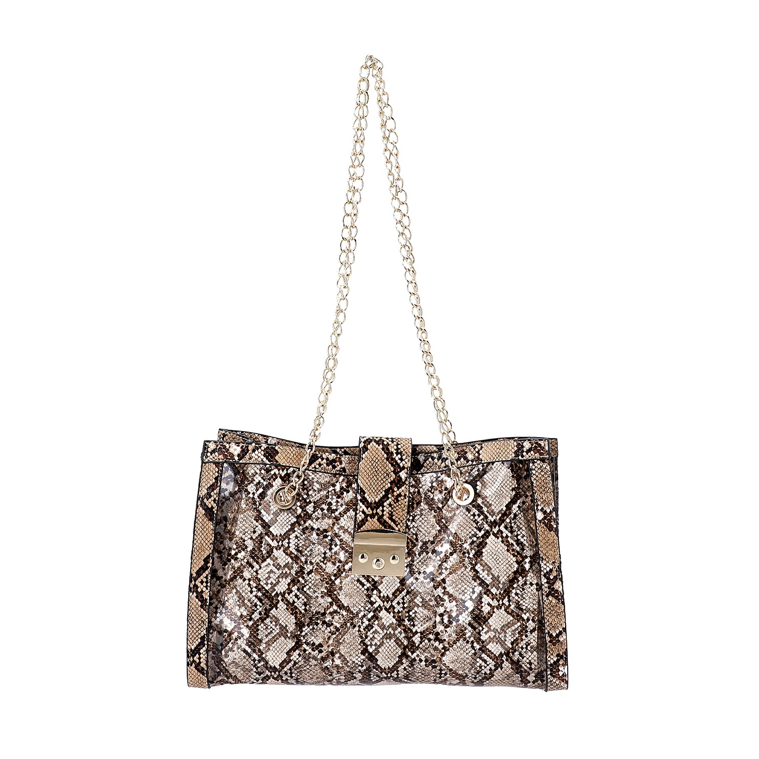 New Arrival- 2 Piece Set Python Skin Pattern Tote Bag (Size 35x10x24cm) with Chain Strap and Pouch Bag (Size 23x8x18cm) - Brown