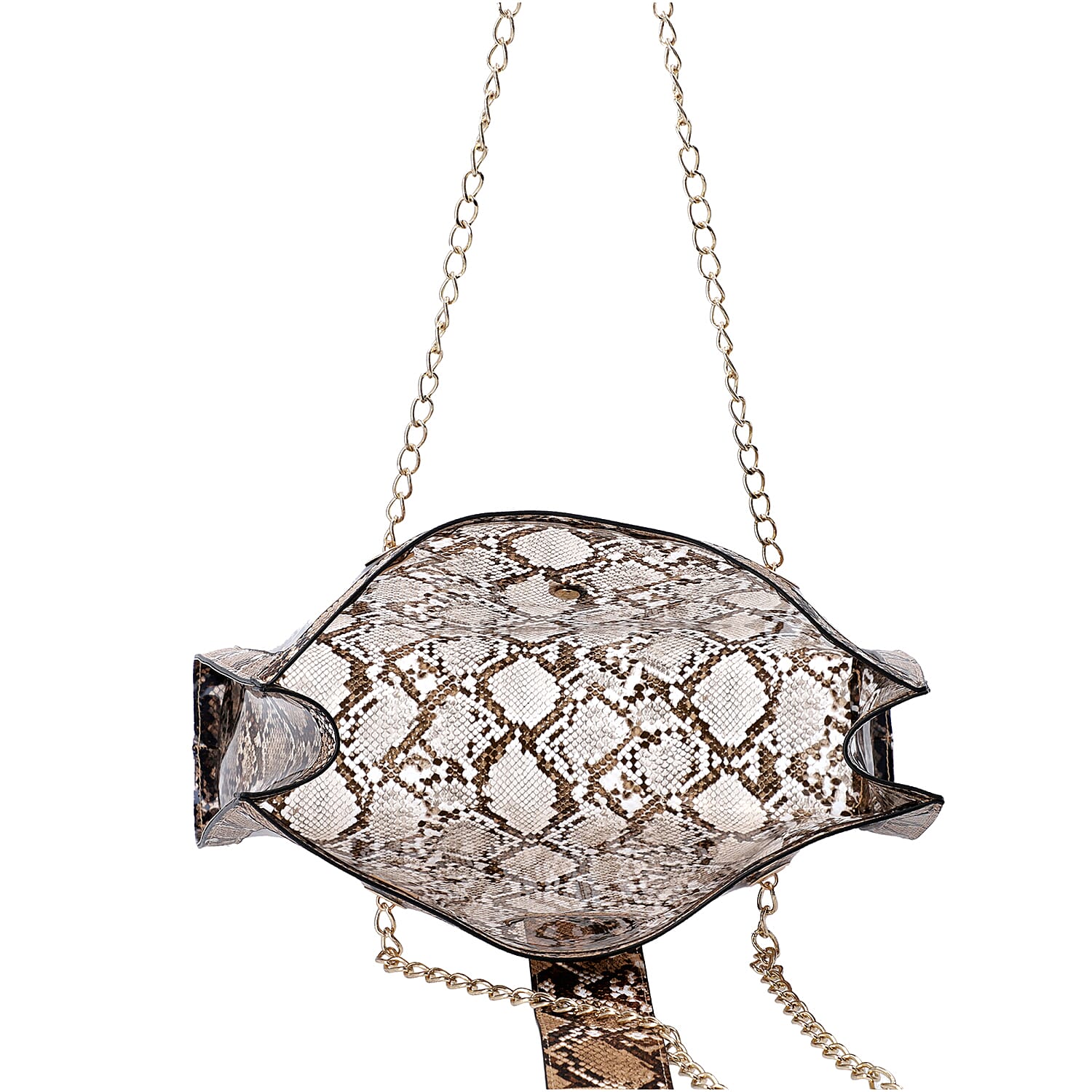 New Arrival- 2 Piece Set Python Skin Pattern Tote Bag (Size 35x10x24cm) with Chain Strap and Pouch Bag (Size 23x8x18cm) - Brown