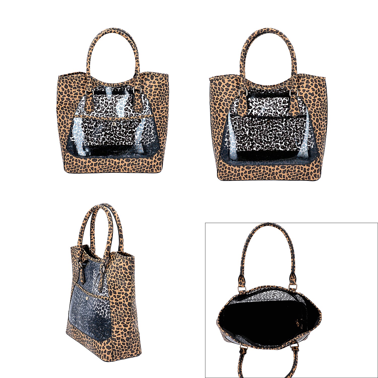 2 Piece Set - Leopard Skin Pattern Tote Bag (Size 38x32x13 cm) with Zipper Closure and Pouch Bag (Size 23x8x18cm) - Brown and Black