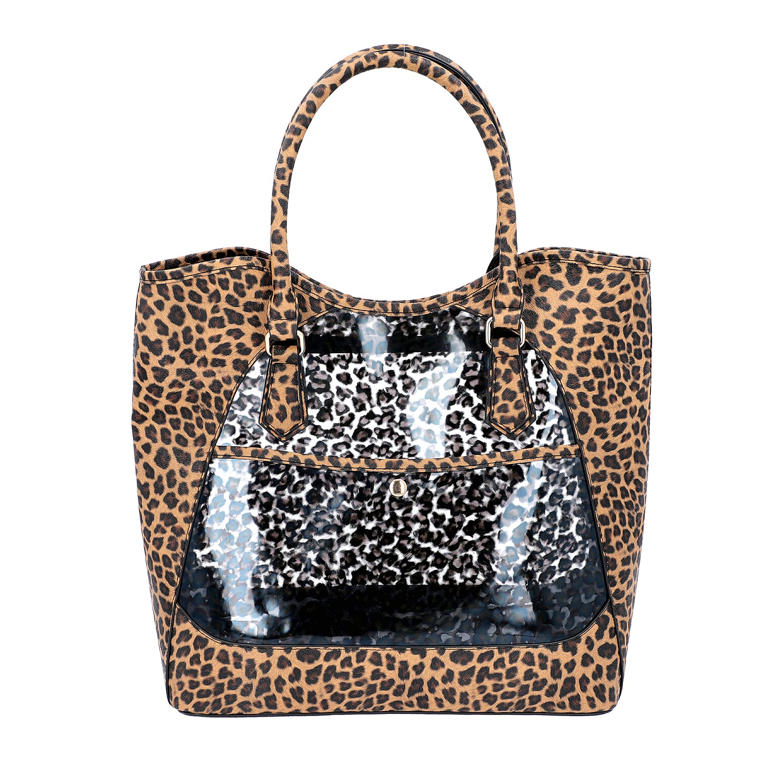 2 Piece Set - Leopard Skin Pattern Tote Bag (Size 38x32x13 cm) with Zipper Closure and Pouch Bag (Size 23x8x18cm) - Brown and Black