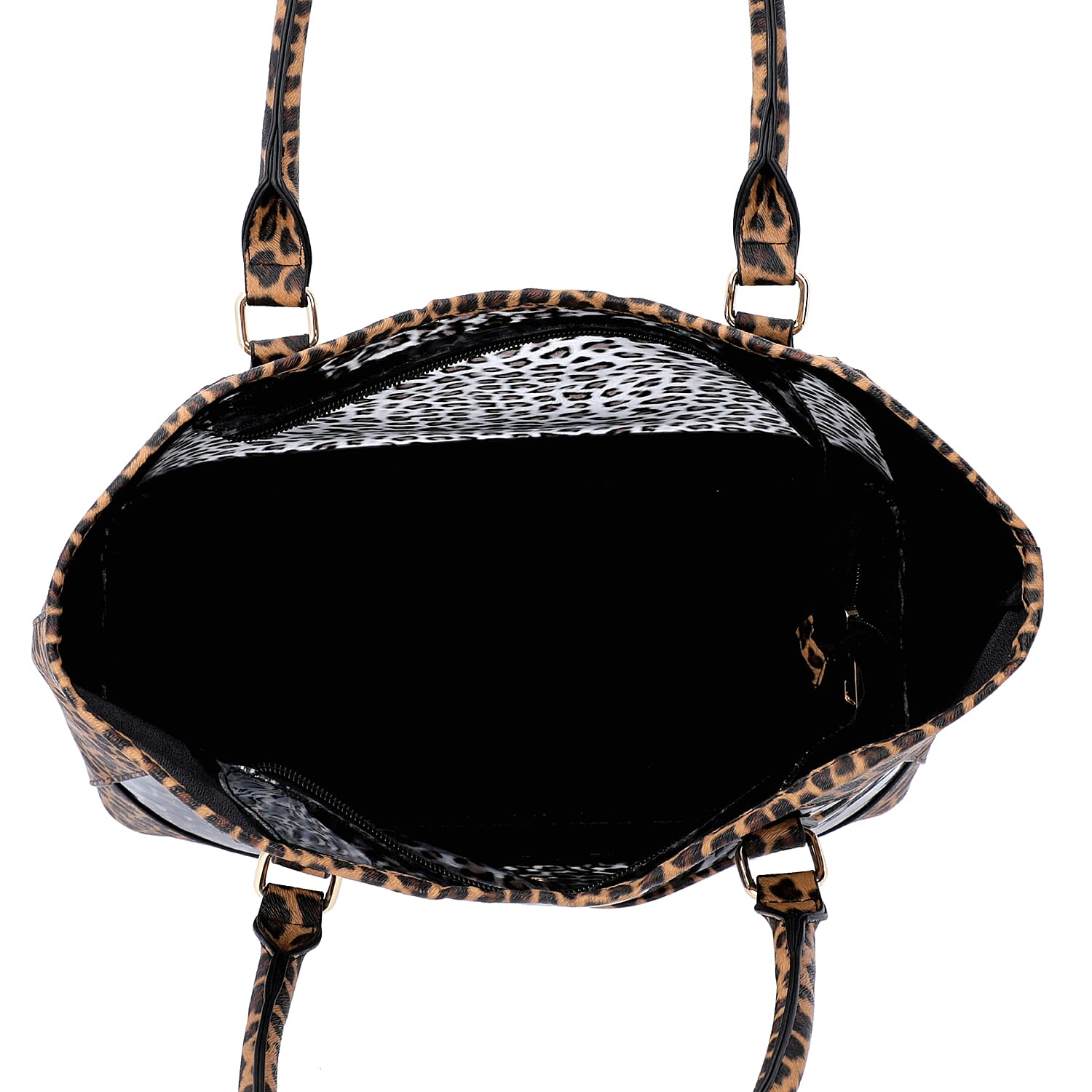 2 Piece Set - Leopard Skin Pattern Tote Bag (Size 38x32x13 cm) with Zipper Closure and Pouch Bag (Size 23x8x18cm) - Brown and Black