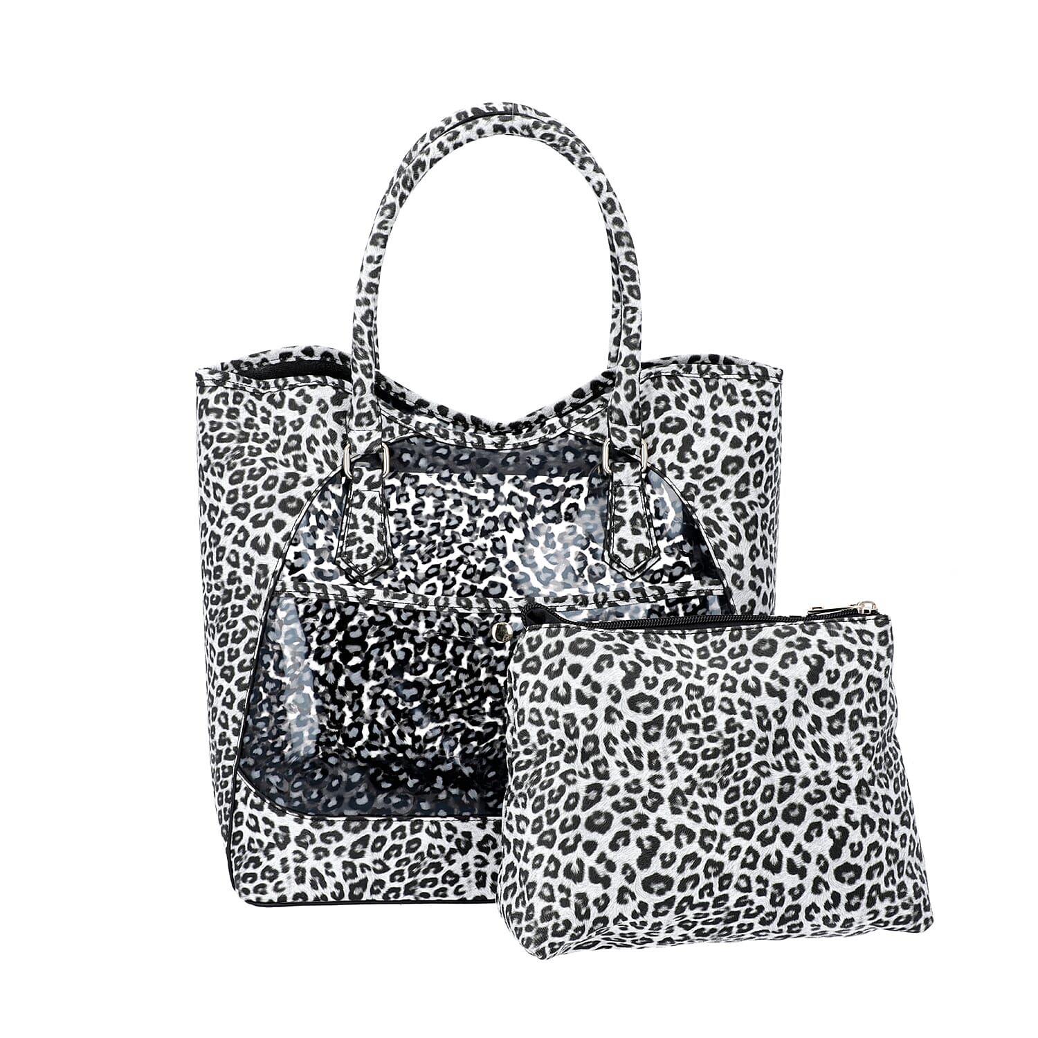2 Piece Set - Leopard Skin Pattern Tote Bag (Size 38x32x13 cm) with Zipper Closure and Pouch Bag (Size 23x8x18cm) - White and Black