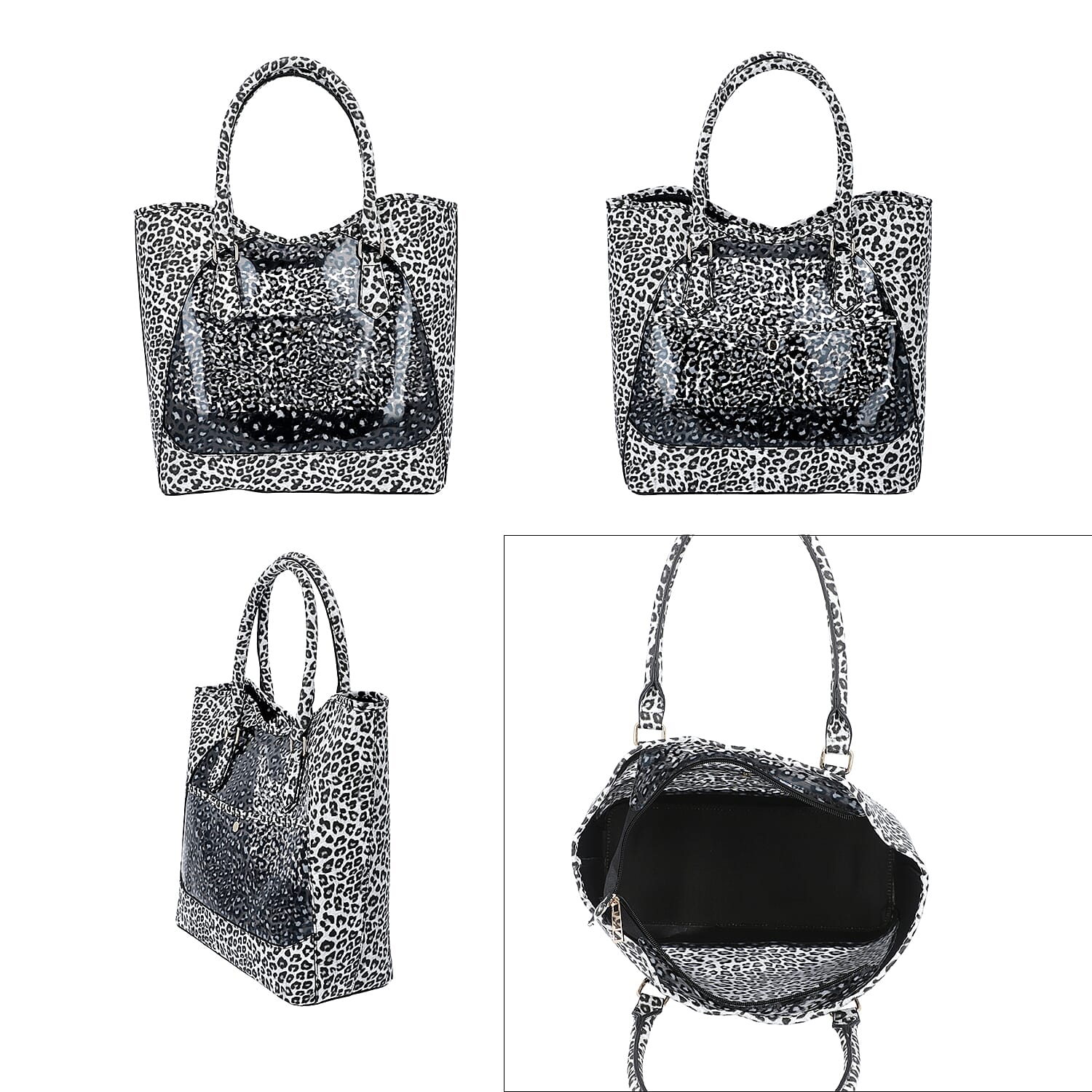 2 Piece Set - Leopard Skin Pattern Tote Bag (Size 38x32x13 cm) with Zipper Closure and Pouch Bag (Size 23x8x18cm) - White and Black