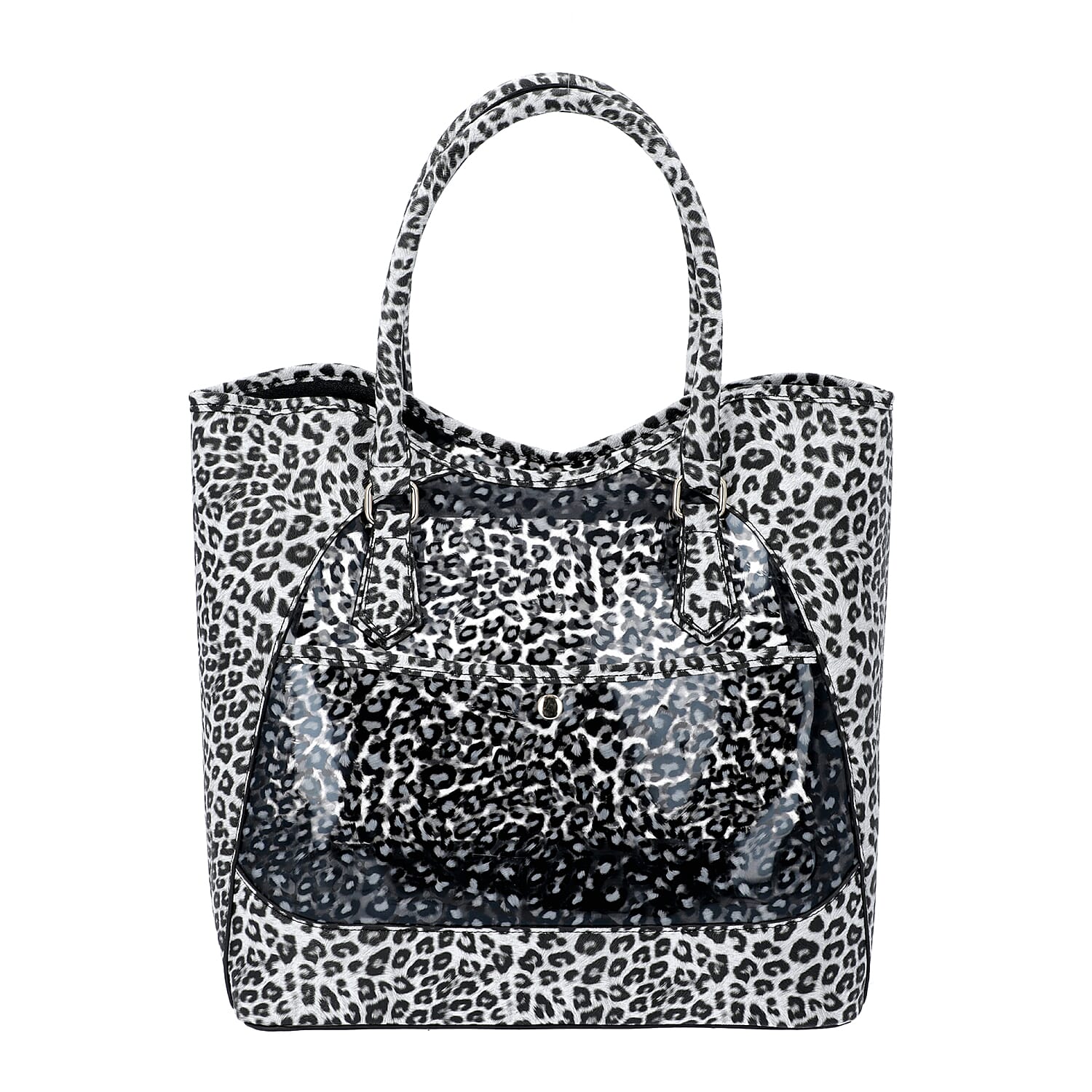 2 Piece Set - Leopard Skin Pattern Tote Bag (Size 38x32x13 cm) with Zipper Closure and Pouch Bag (Size 23x8x18cm) - White and Black