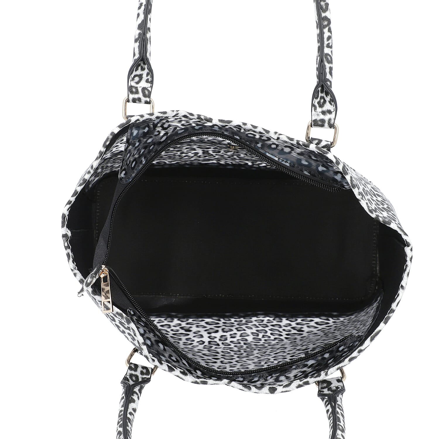 2 Piece Set - Leopard Skin Pattern Tote Bag (Size 38x32x13 cm) with Zipper Closure and Pouch Bag (Size 23x8x18cm) - White and Black