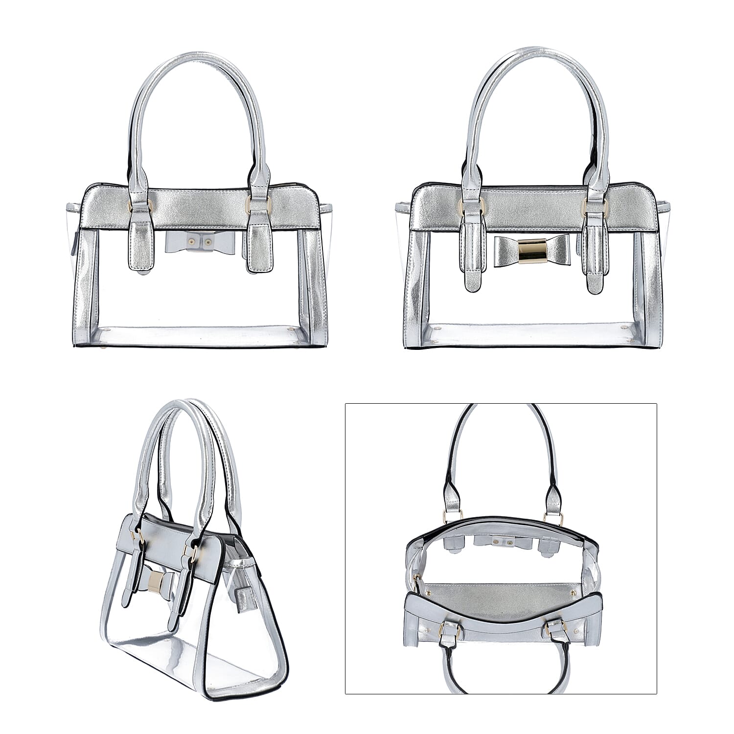 2 Piece Set - Metallic Silver Colour Bowknot Satchel Bag (Size 28x12x16cm) with Zipper Closure and Pouch Bag (Size 20x7x15cm)