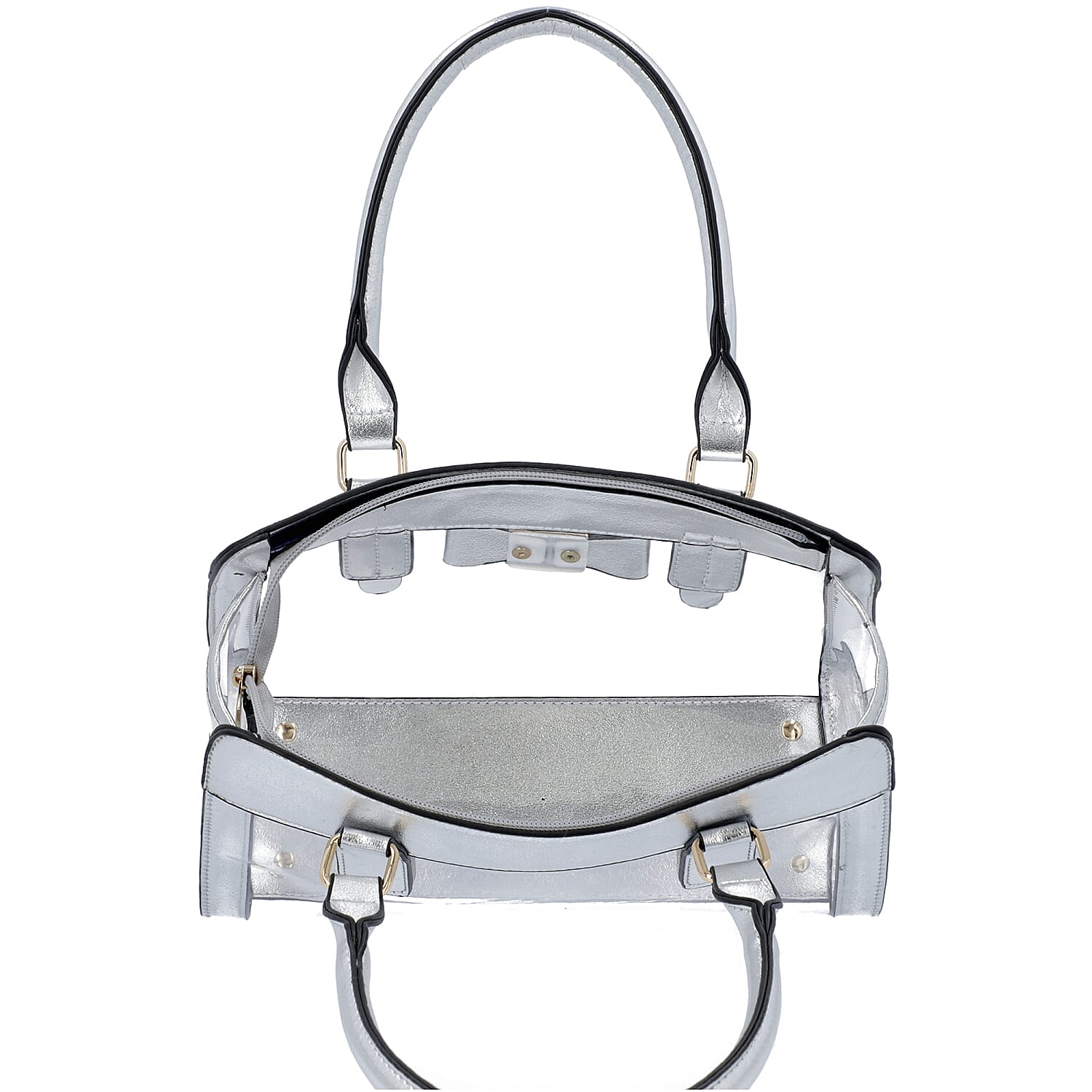 2 Piece Set - Metallic Silver Colour Bowknot Satchel Bag (Size 28x12x16cm) with Zipper Closure and Pouch Bag (Size 20x7x15cm)