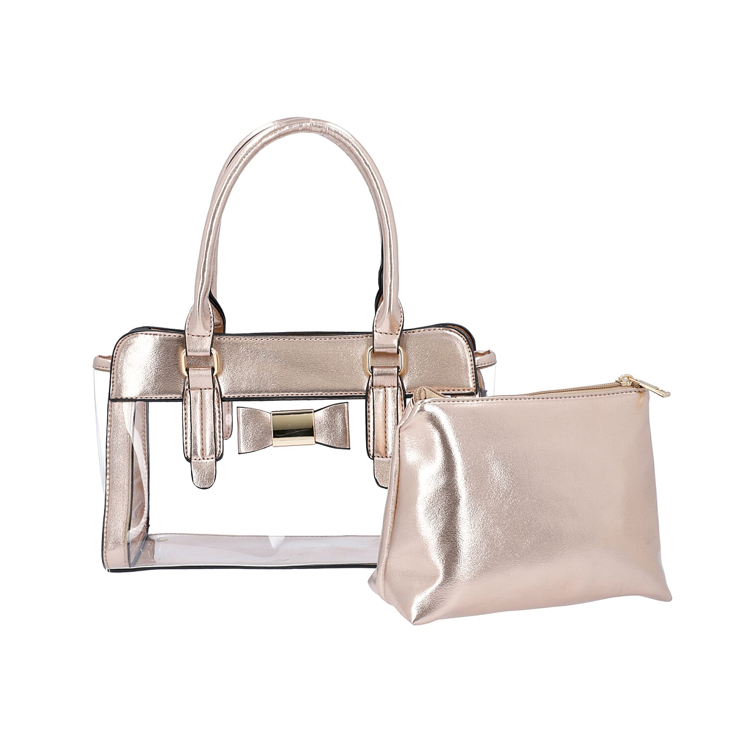 2 Piece Set - Metallic Rose Gold Colour Bowknot Satchel Bag (Size 28x12x16cm) with Zipper Closure and Pouch Bag (Size 20x7x15cm)