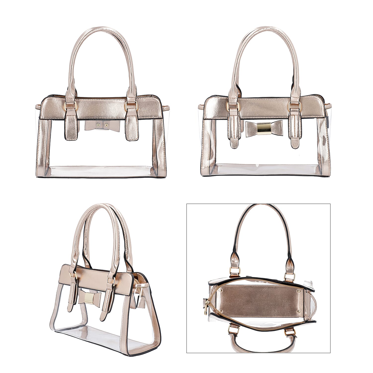 2 Piece Set - Metallic Rose Gold Colour Bowknot Satchel Bag (Size 28x12x16cm) with Zipper Closure and Pouch Bag (Size 20x7x15cm)