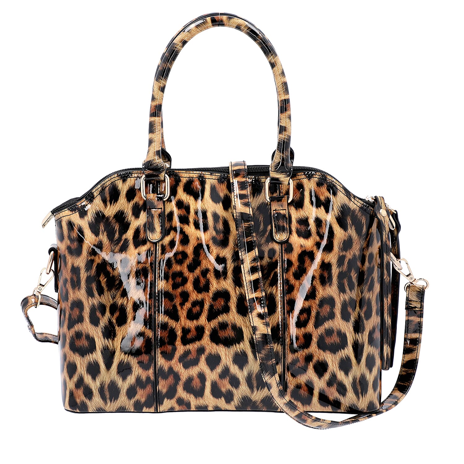 Black and Brown Leopard Pattern Tote Bag with Zipper Closure and Detachable Shoulder Strap (Size32x25x13 Cm)