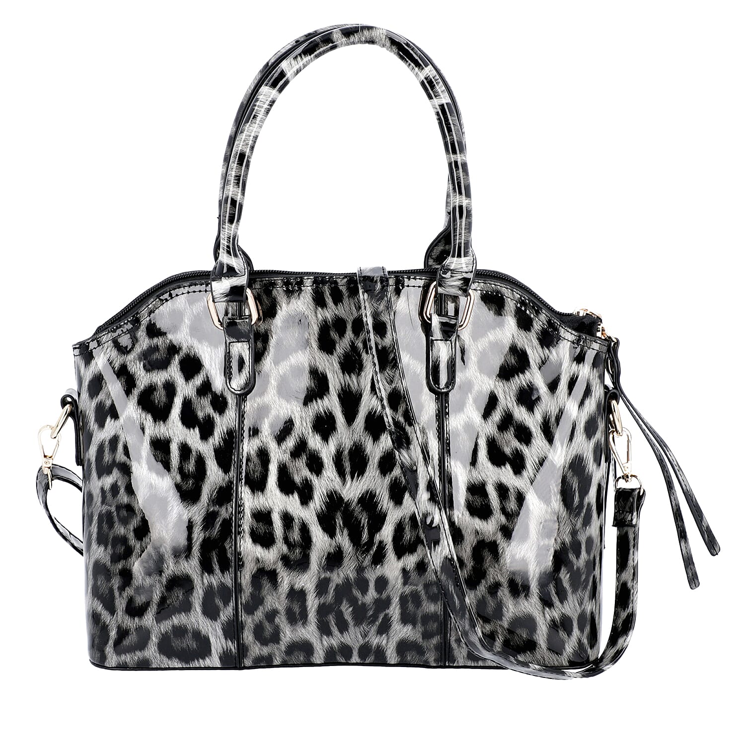Black and White Leopard Pattern Tote Bag with Zipper Closure and Detachable Shoulder Strap (Size32x25x13 Cm)