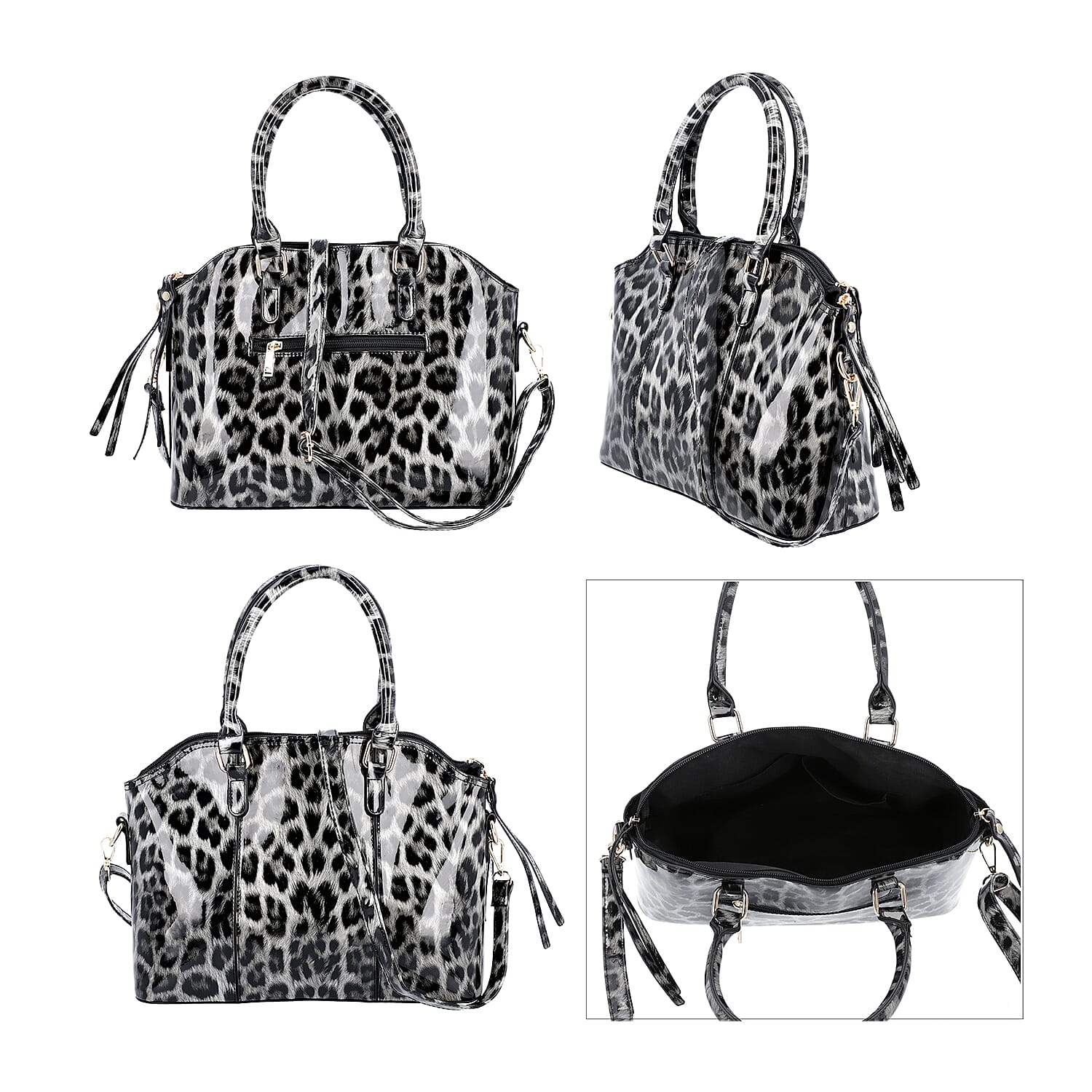 Black and White Leopard Pattern Tote Bag with Zipper Closure and Detachable Shoulder Strap (Size32x25x13 Cm)