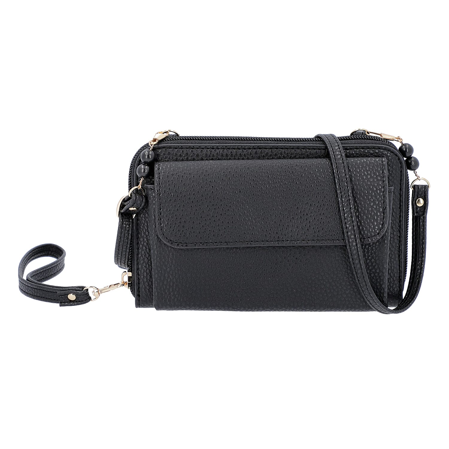 Designer Inspired- Bead Crossbody Bag with Touch Screen Window and Zipper  Closure (Size 18x4x11Cm) - Black