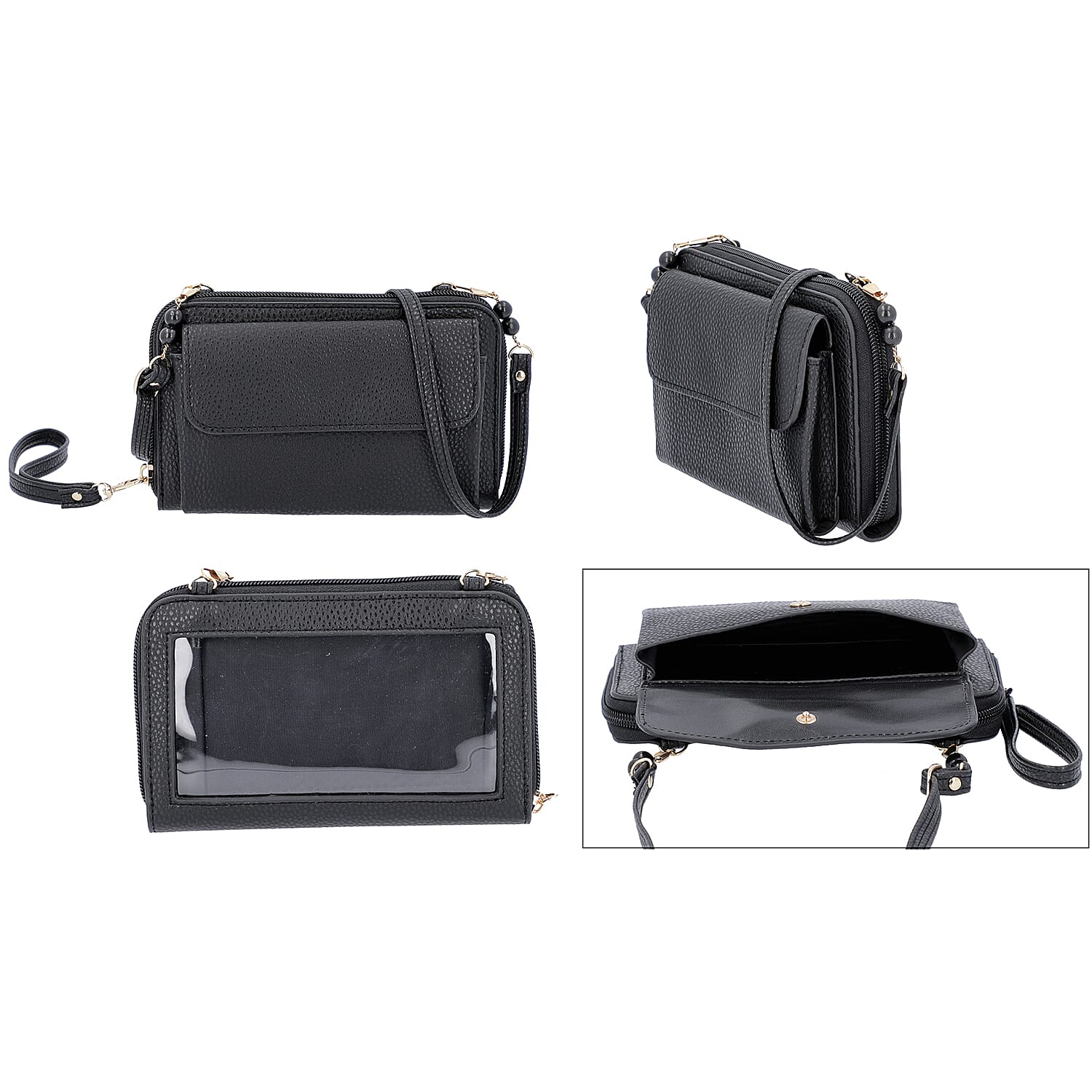 Designer Inspired- Bead Crossbody Bag with Touch Screen Window and Zipper  Closure (Size 18x4x11Cm) - Black