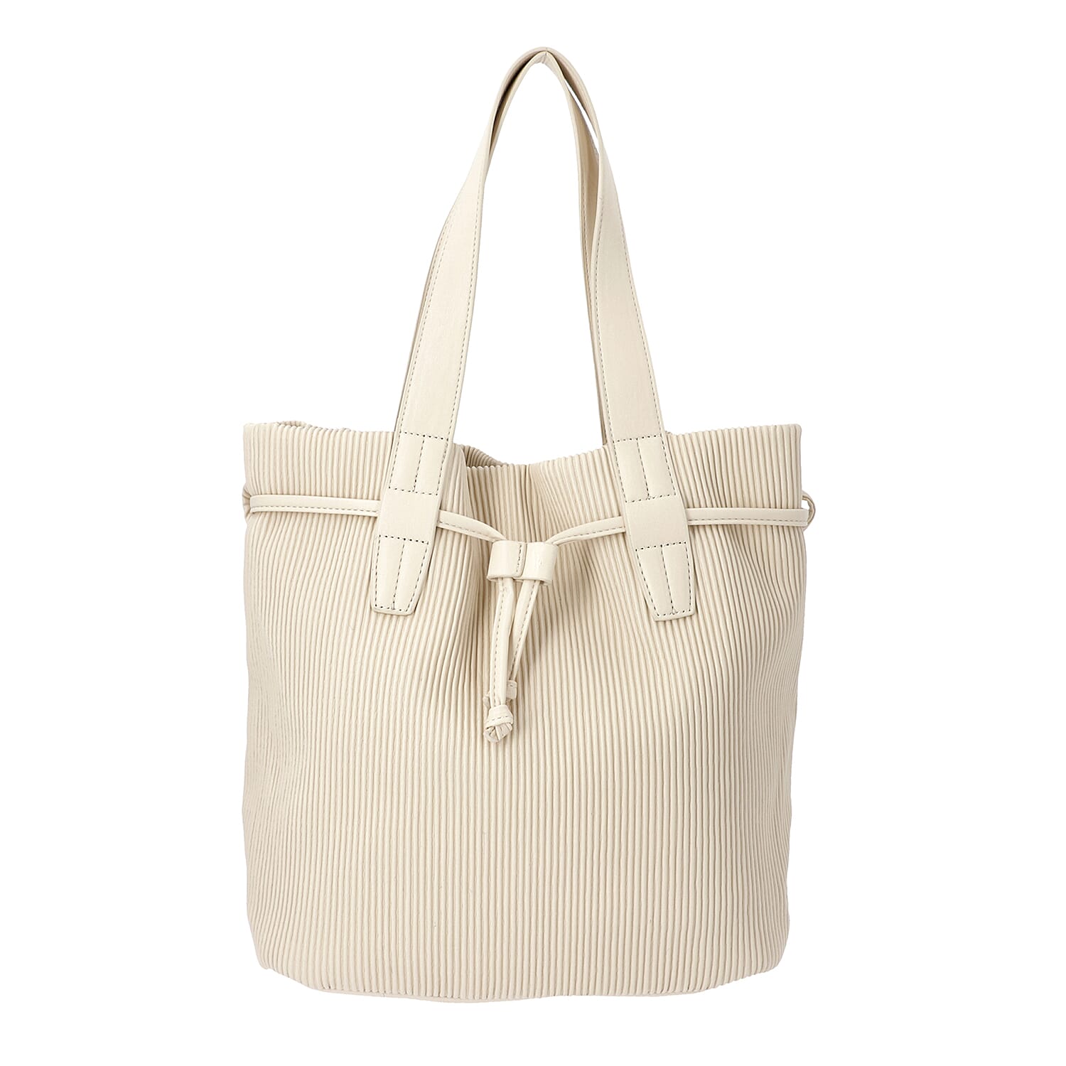 Stripe Pattern Drawstring Handbag with Magnetic Closure (Size 27x15x30 Cm) - Cream