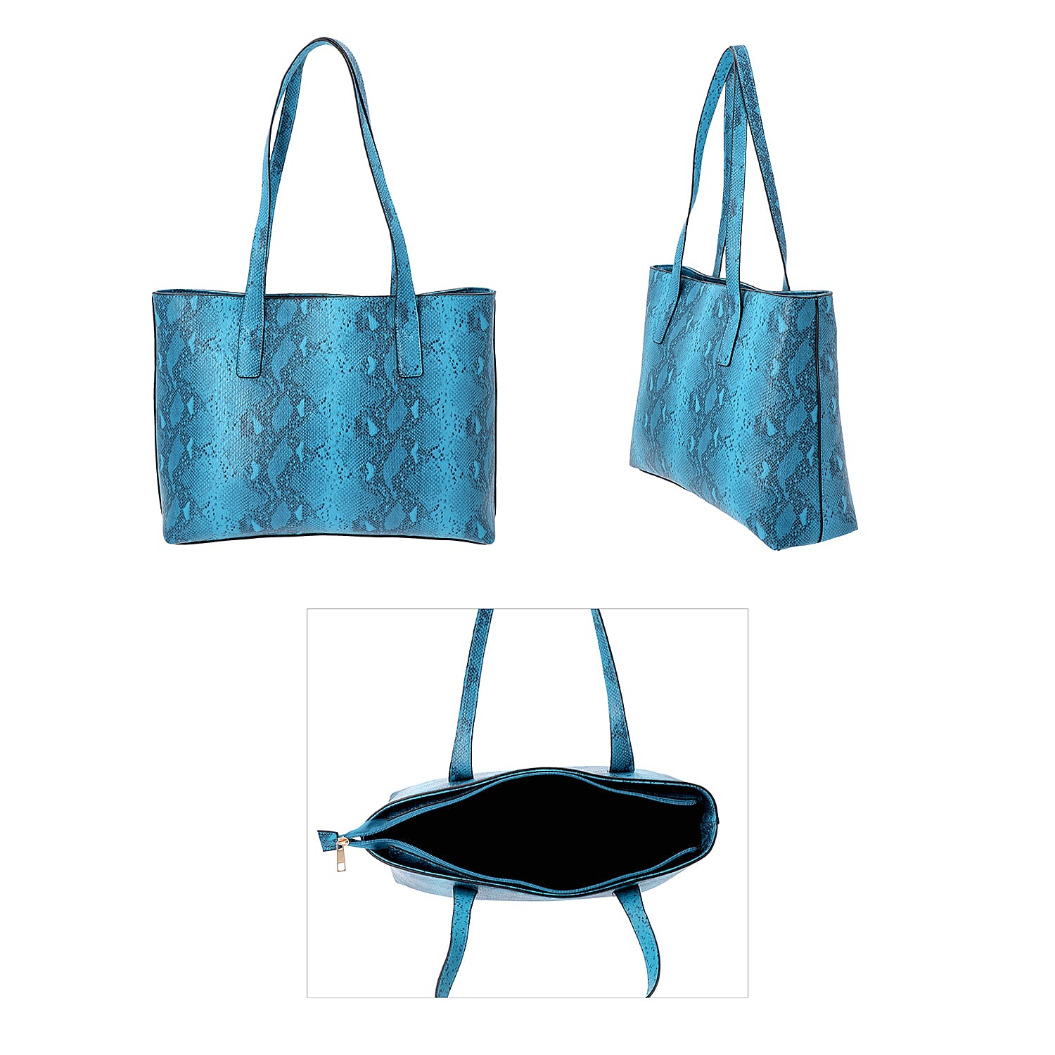 Light Blue Retro Snake Skin Pattern Handbag with Zipper Closure (Size 37x11x28 Cm)