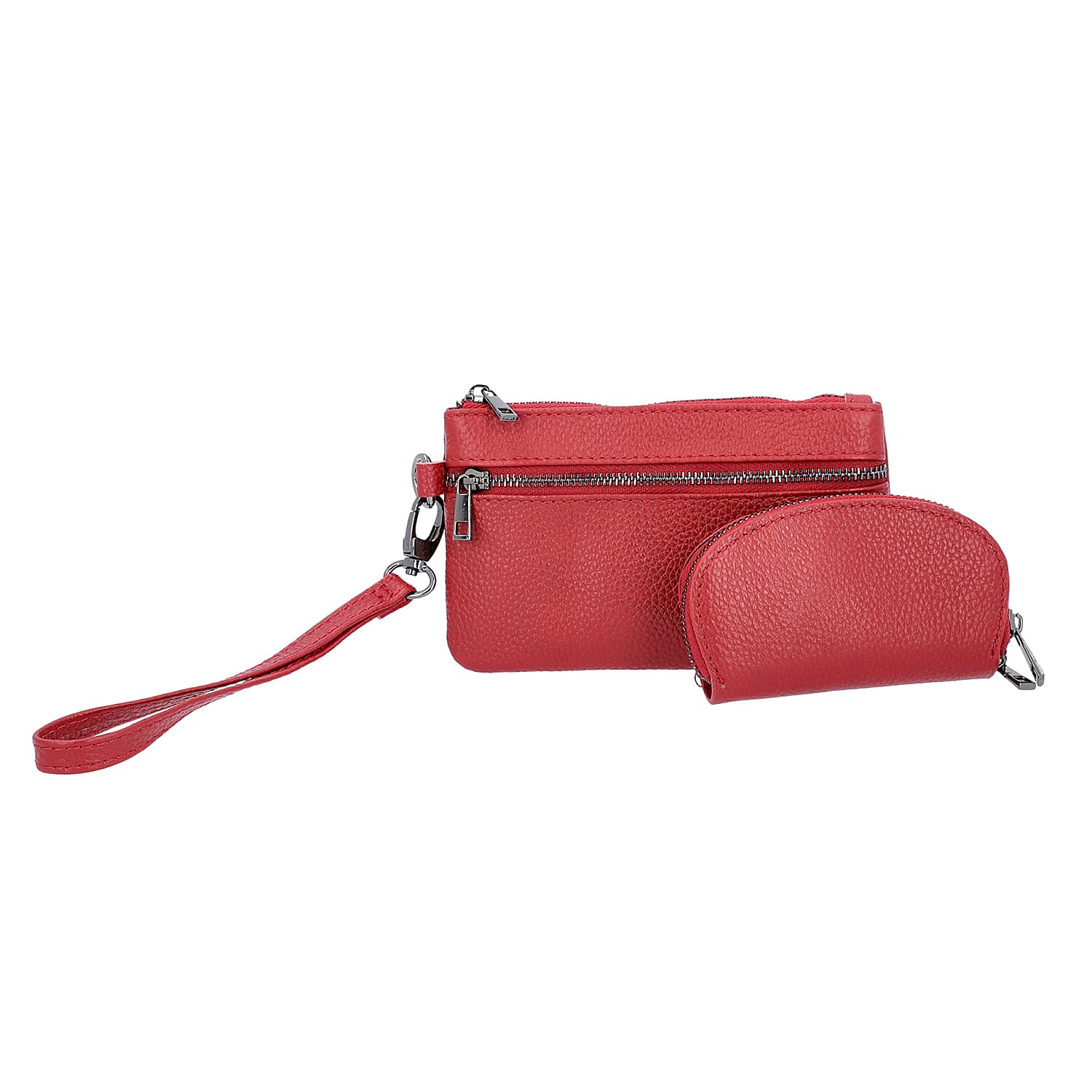 2 Piece Set - 100% Genuine Leather Wristlet Bag (Size 15x3x9cm) and Key-Coin Bag (11x6cm) - Burgundy