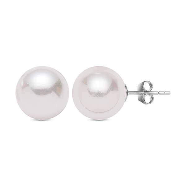 White Shell Pearl Stud Earrings in Rhodium Plated Sterling Silver ...