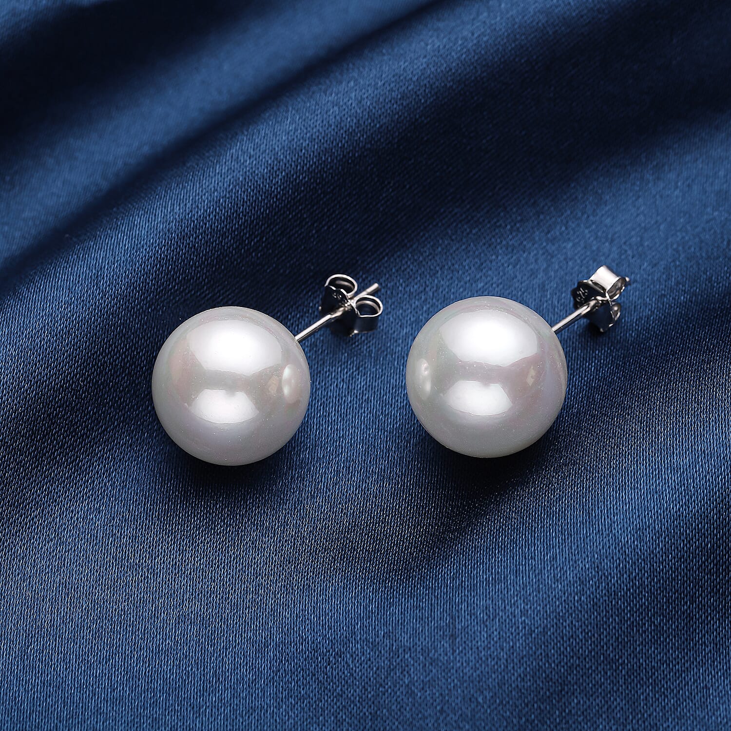 White Shell Pearl Stud Earrings (with Push Back) in Rhodium Overlay Sterling Silver
