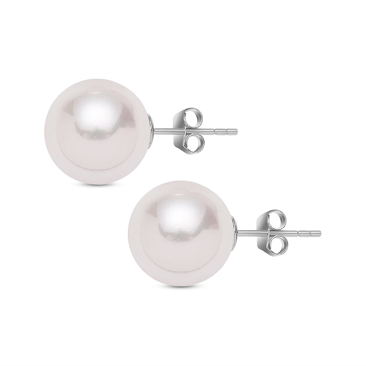 White Shell Pearl Stud Earrings (with Push Back) in Rhodium Overlay Sterling Silver