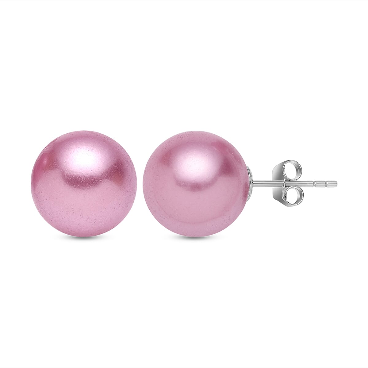Purple Shell Pearl Stud Earrings (with Push Back) in Rhodium Overlay Sterling Silver