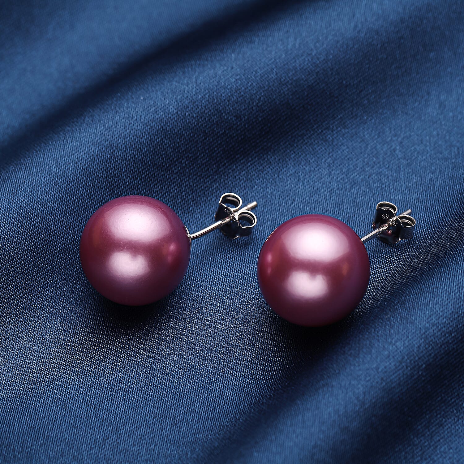Purple Shell Pearl Stud Earrings (with Push Back) in Rhodium Overlay Sterling Silver