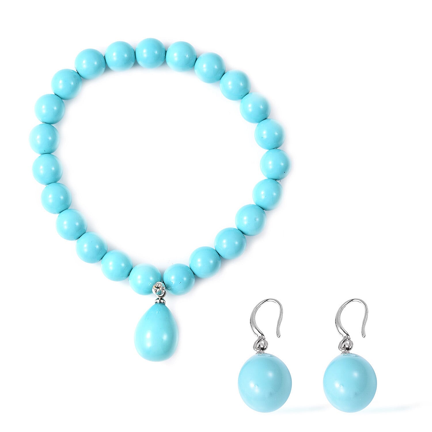 2 Piece Set - Turquoise Shell Pearl (Pear 15x12mm) Stretchable Charm Bracelet (Size 7) and Drop Hook Earrings in Rhodium Overlay Sterling Silver