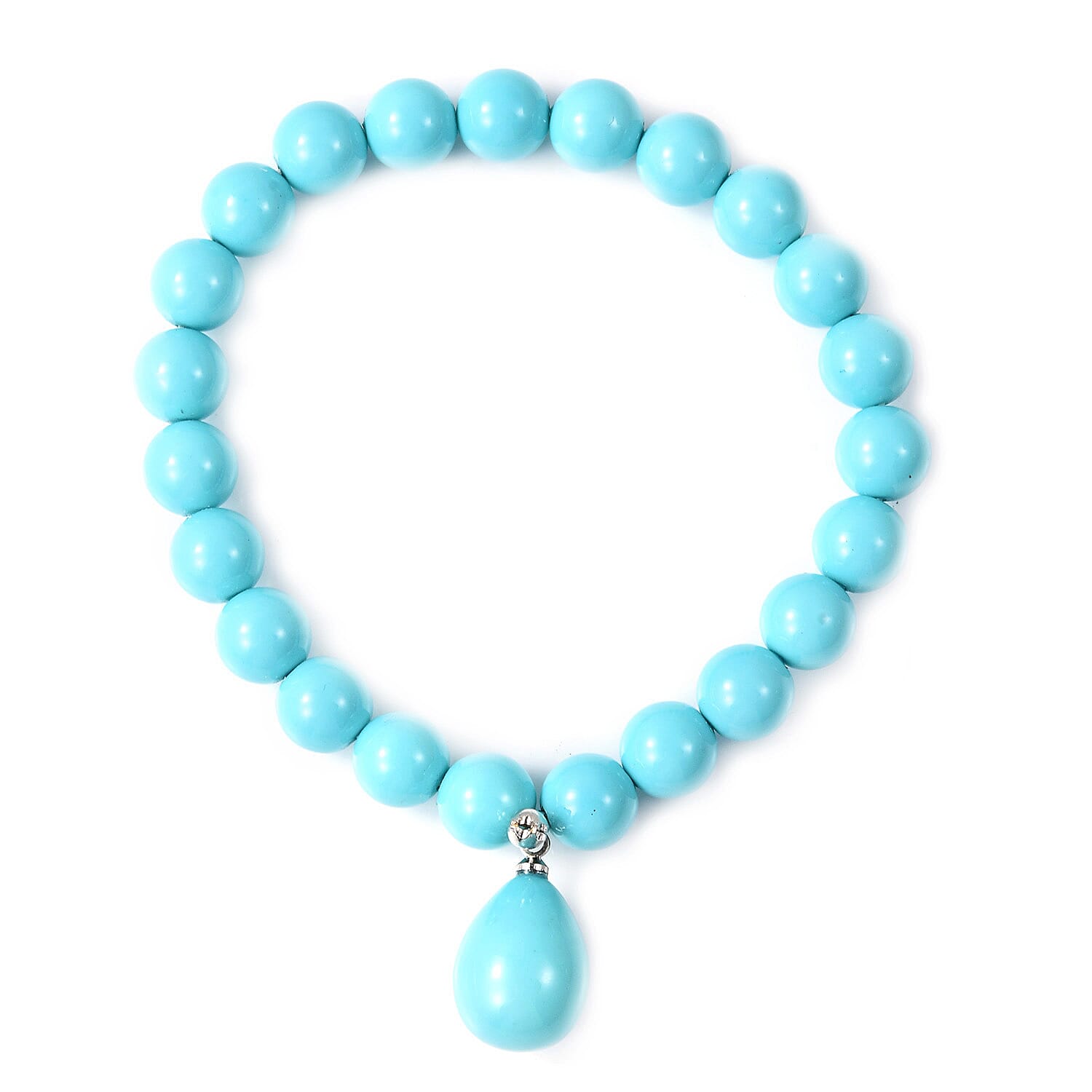 2 Piece Set - Turquoise Shell Pearl (Pear 15x12mm) Stretchable Charm Bracelet (Size 7) and Drop Hook Earrings in Rhodium Overlay Sterling Silver