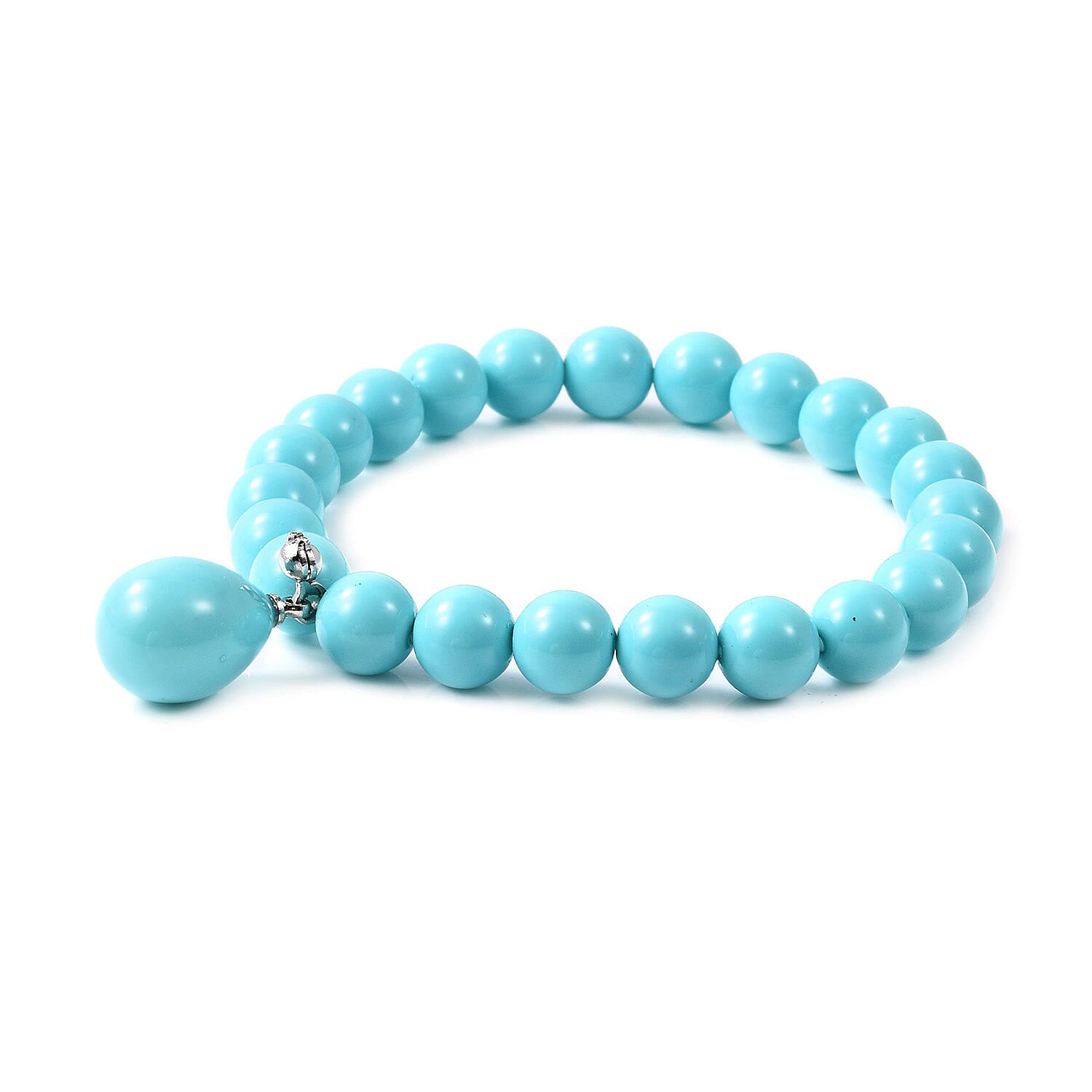 2 Piece Set - Turquoise Shell Pearl (Pear 15x12mm) Stretchable Charm Bracelet (Size 7) and Drop Hook Earrings in Rhodium Overlay Sterling Silver