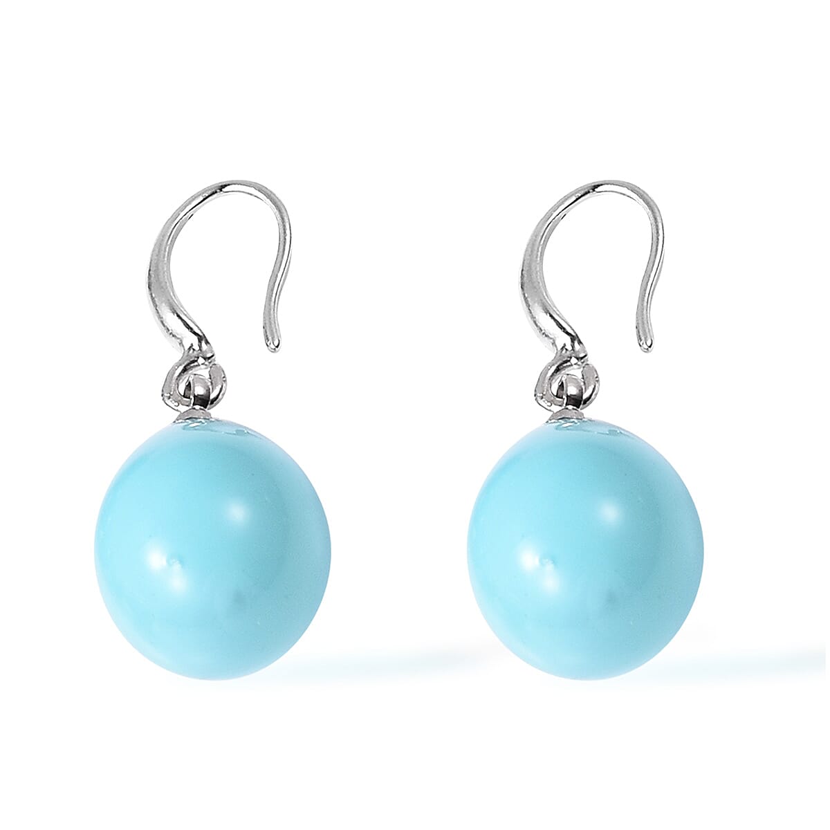 2 Piece Set - Turquoise Shell Pearl (Pear 15x12mm) Stretchable Charm Bracelet (Size 7) and Drop Hook Earrings in Rhodium Overlay Sterling Silver