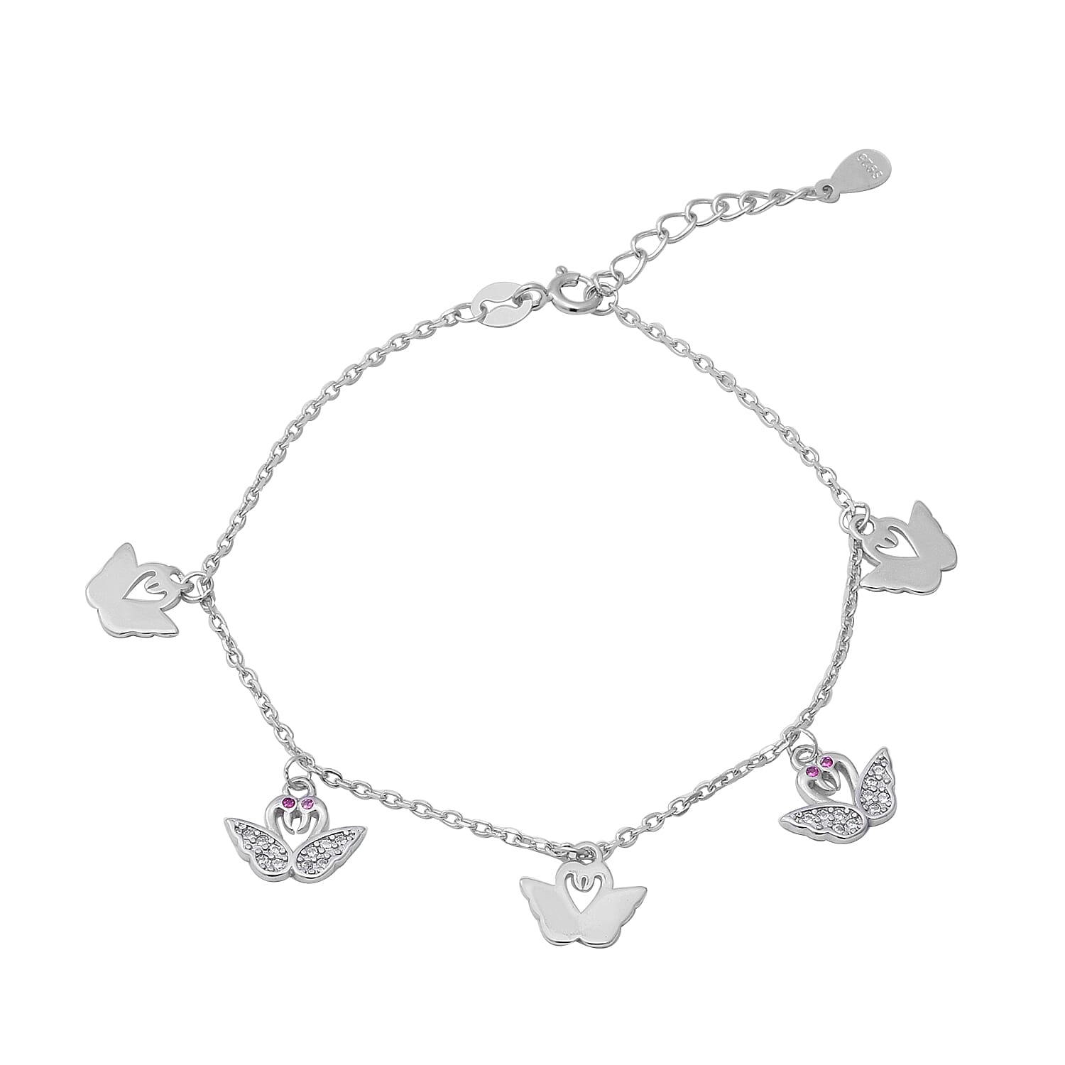 ELANZA Simulated White and Pink Diamond (Rnd), Adjustable Charm Bracelet (Size 7 with 1 inch Extender) in Rhodium Overlay Sterling Silver