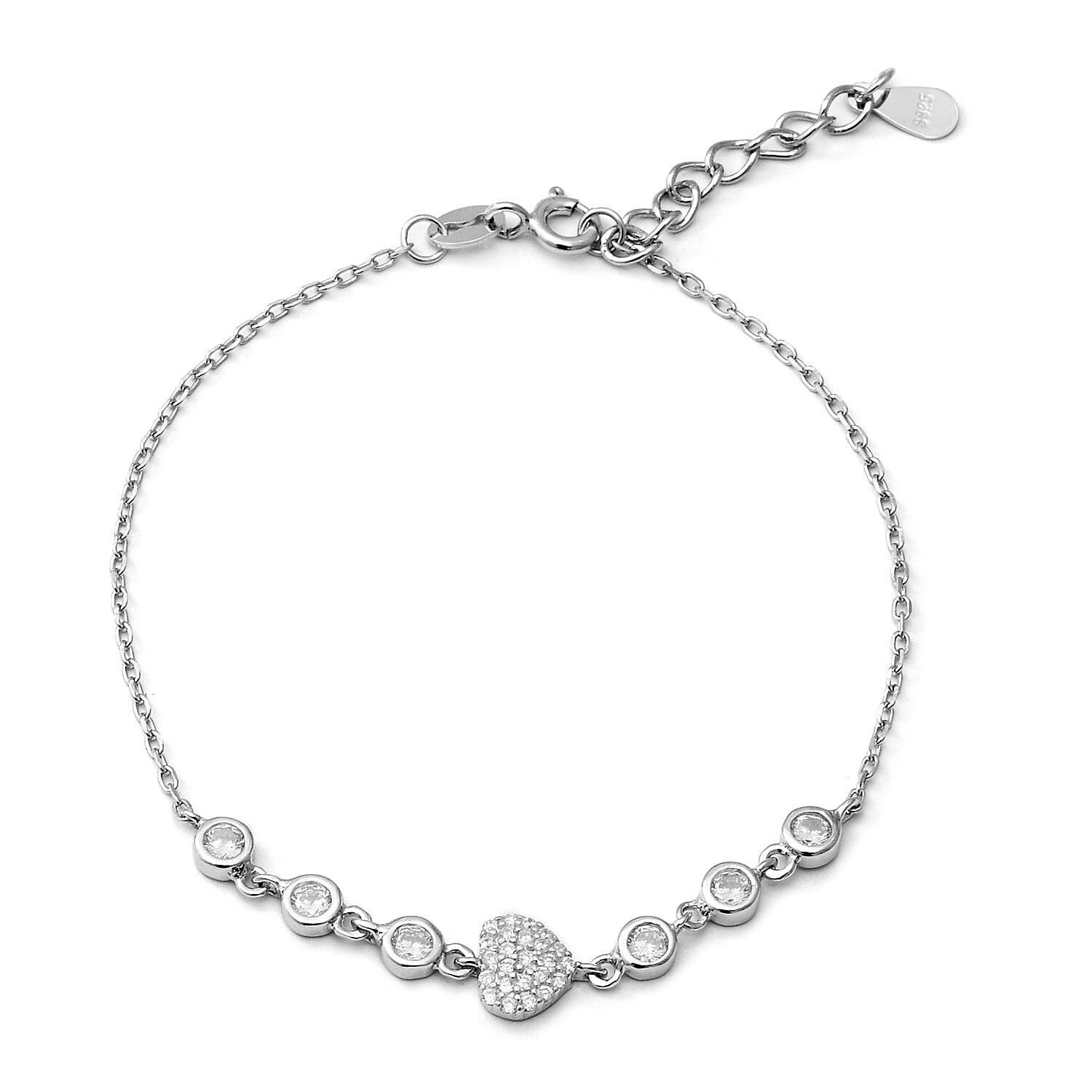 ELANZA Simulated Diamond (Rnd) Adjustable Bracelet (Size 6.75 with 1 inch Extender) in Rhodium Overlay Sterling Silver