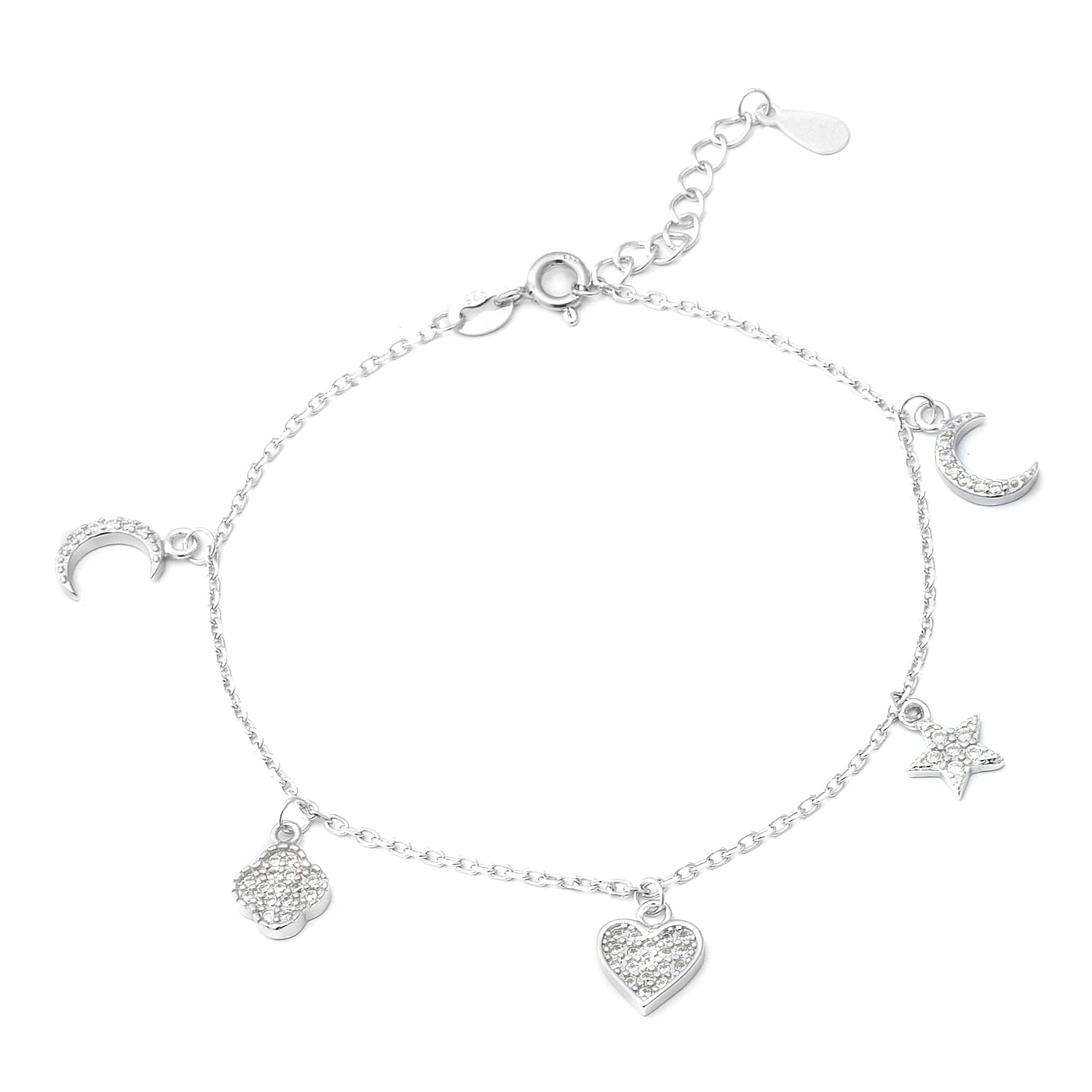 ELANZA AAA Simulated Diamond (Rnd) Adjustable Charm Bracelet (Size 7 with 1 inch Extender) in Rhodium Overlay Sterling Silver
