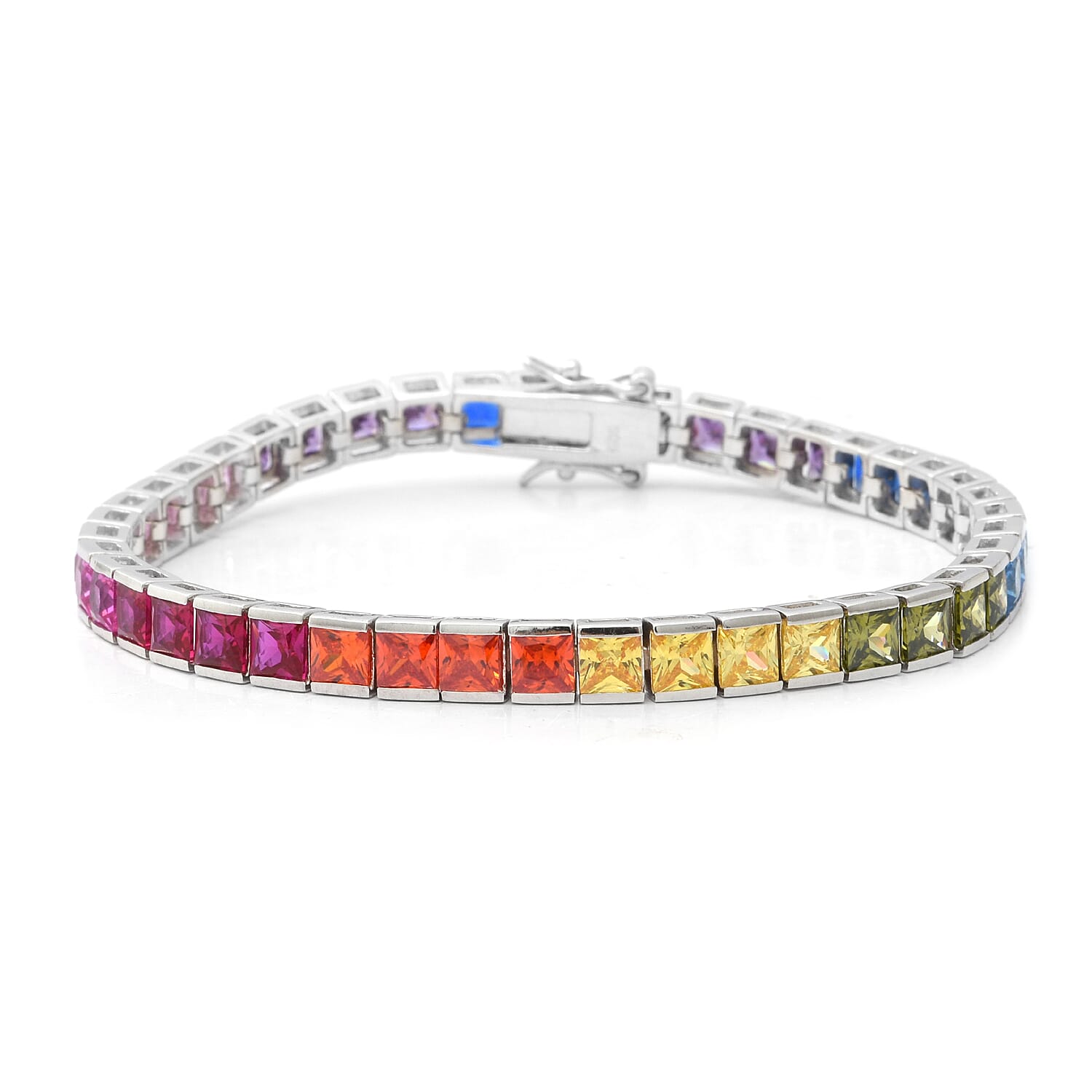 ELANZA Simulated Rainbow Sapphire (Sqr) Bracelet (Size 7.25) in Rhodium Overlay Sterling Silver, Silver wt 13.00 Gms