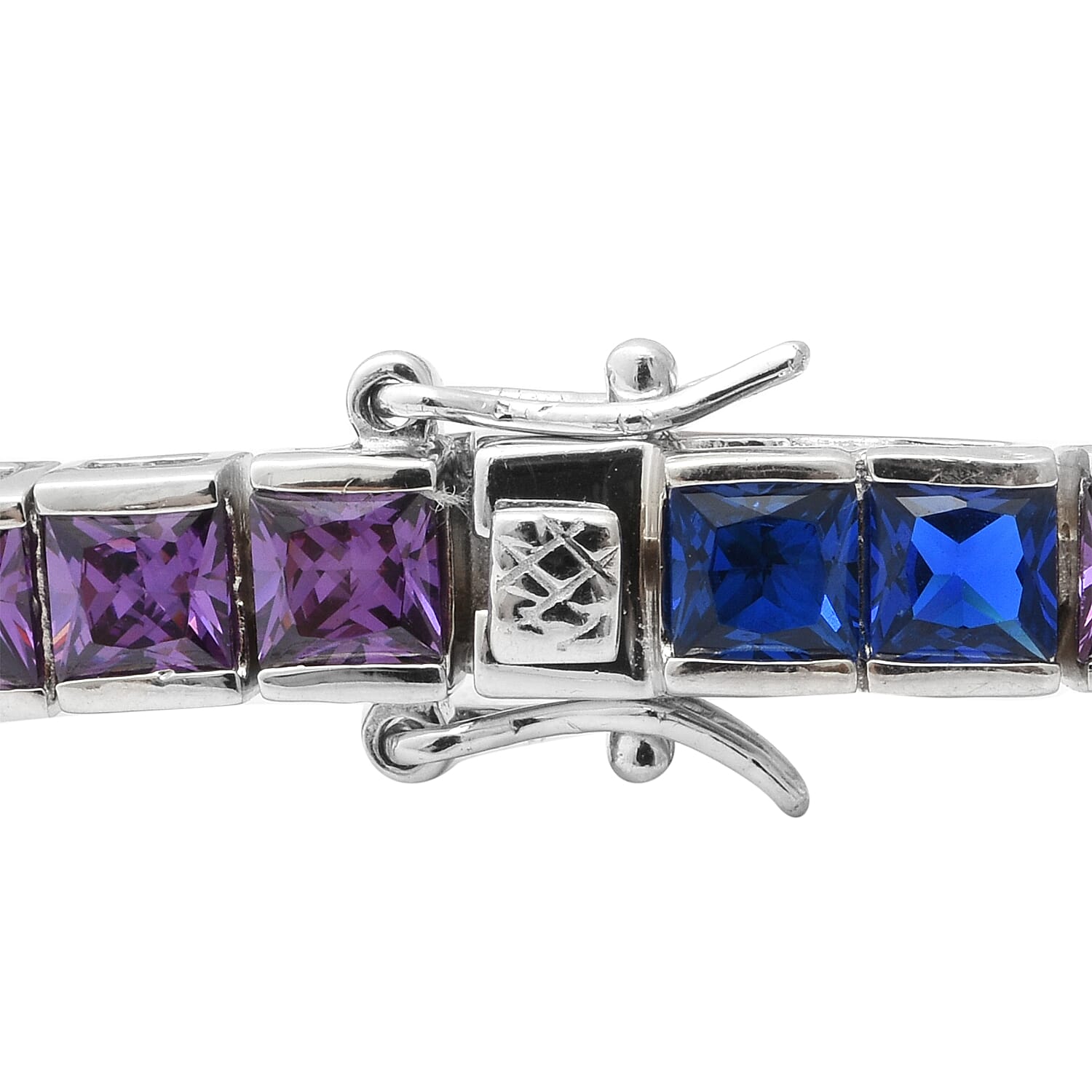 ELANZA Simulated Rainbow Sapphire (Sqr) Bracelet (Size 7.25) in Rhodium Overlay Sterling Silver, Silver wt 13.00 Gms