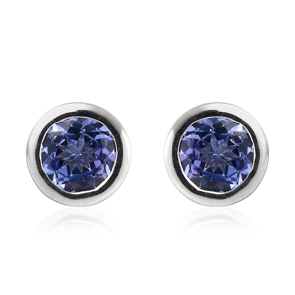 Tanzanite Stud Earrings (Rnd 5mm) )(with Push Back) in Platinum Overlay Sterling Silver 5mm  0.88 Ct.