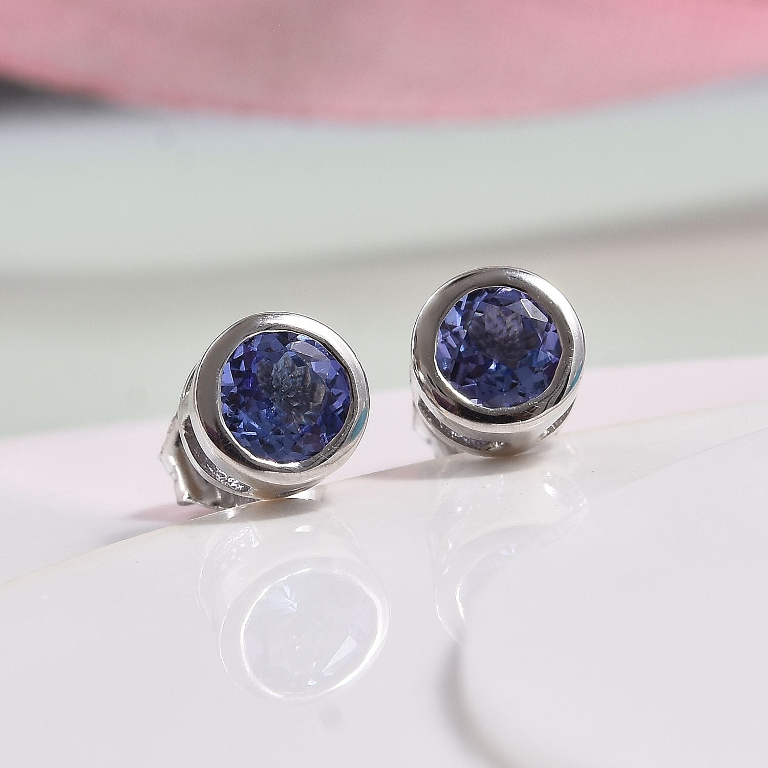Tanzanite Stud Earrings (Rnd 5mm) )(with Push Back) in Platinum Overlay Sterling Silver 5mm  0.88 Ct.