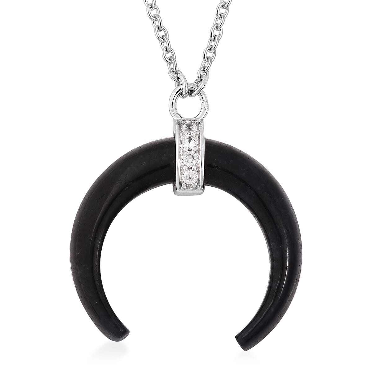 GP - Black Jade, Natural Cambodian Zircon and Blue Sapphire Crescent Horn Necklace (Size 18) in Rhodium Overlay Sterling Silver 7.87 Ct.