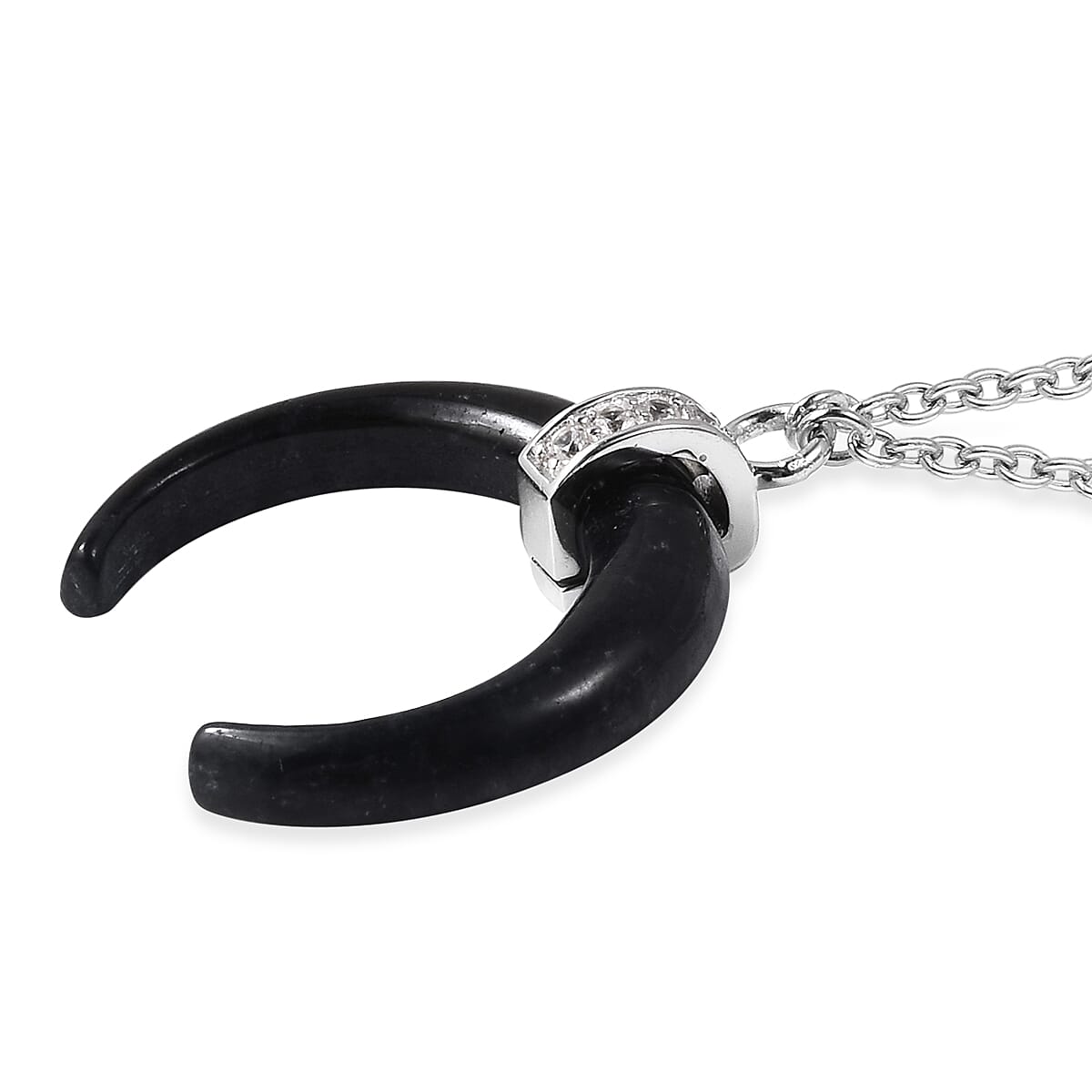 GP - Black Jade, Natural Cambodian Zircon and Blue Sapphire Crescent Horn Necklace (Size 18) in Rhodium Overlay Sterling Silver 7.87 Ct.