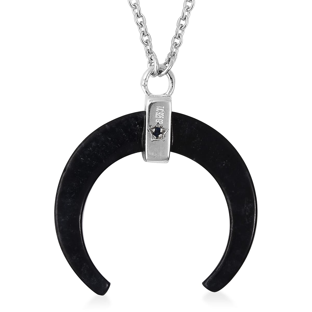 GP - Black Jade, Natural Cambodian Zircon and Blue Sapphire Crescent Horn Necklace (Size 18) in Rhodium Overlay Sterling Silver 7.87 Ct.