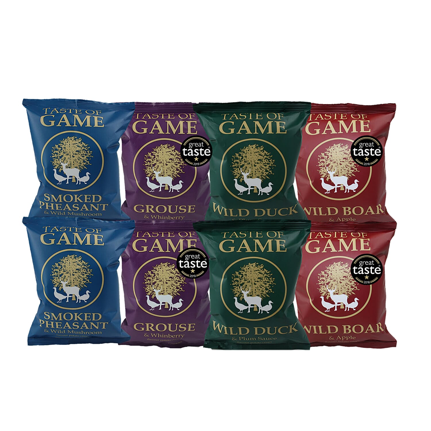 Taste of Game Crisps Variety 8x40g (2 x Wild Duck and Plum Sauce, 2 x Grouse and Whinberry, 2 x Wild Boar and Apple, 2 x Smoked Pheasant and Wild Mushroom)