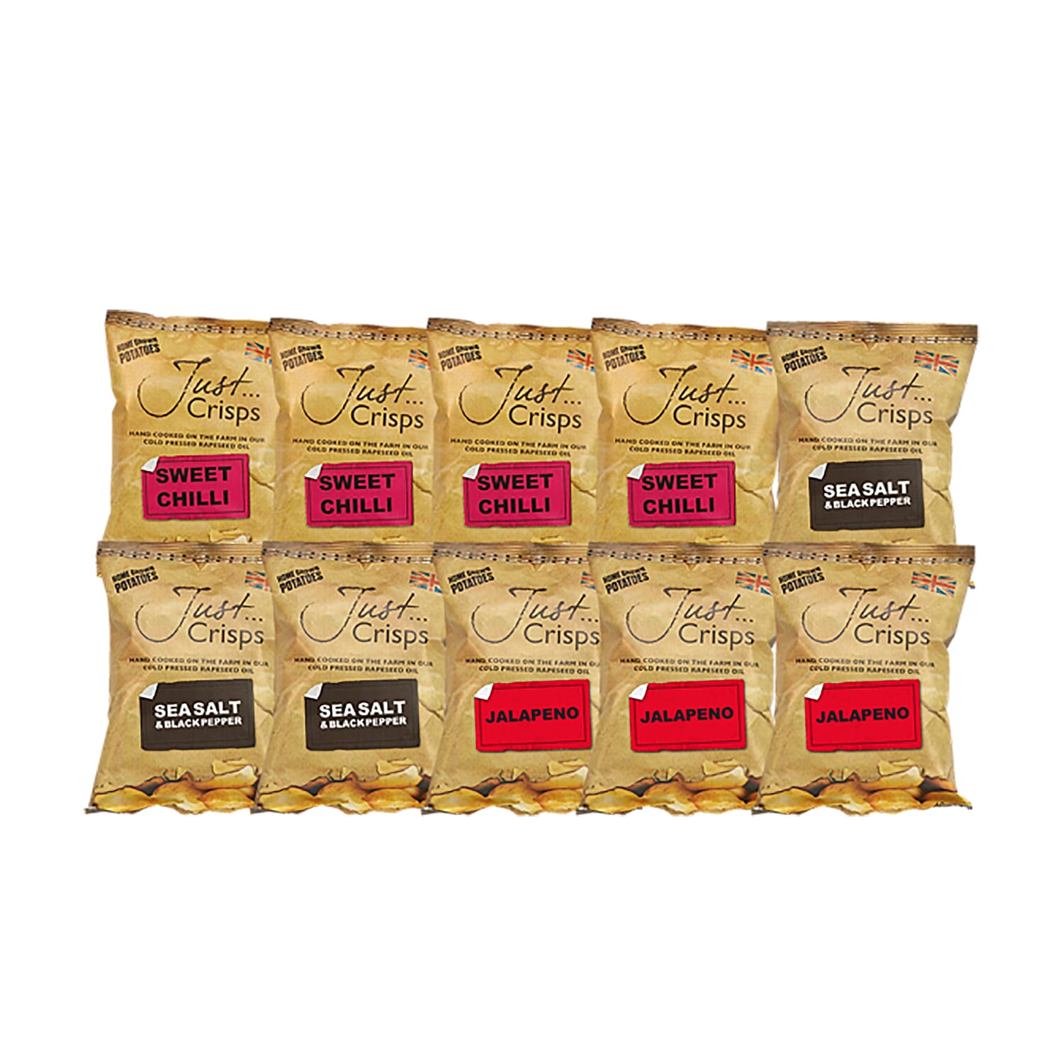 Just Crisps Variety Spicy 10x40g (3 x Sea Salt and Black Pepper, 4 x Sweet Chilli, 3 x Jalapeno)