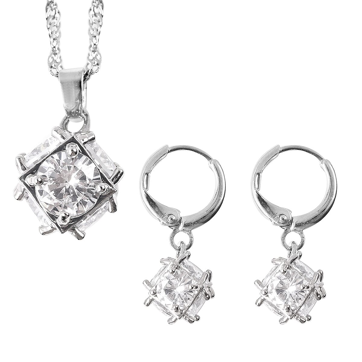 2 Piece Set - Simulated Diamond Pendant with Chain (Size 20 with 2 inch Extender) and Lever Back  Earrings in Silver Tone